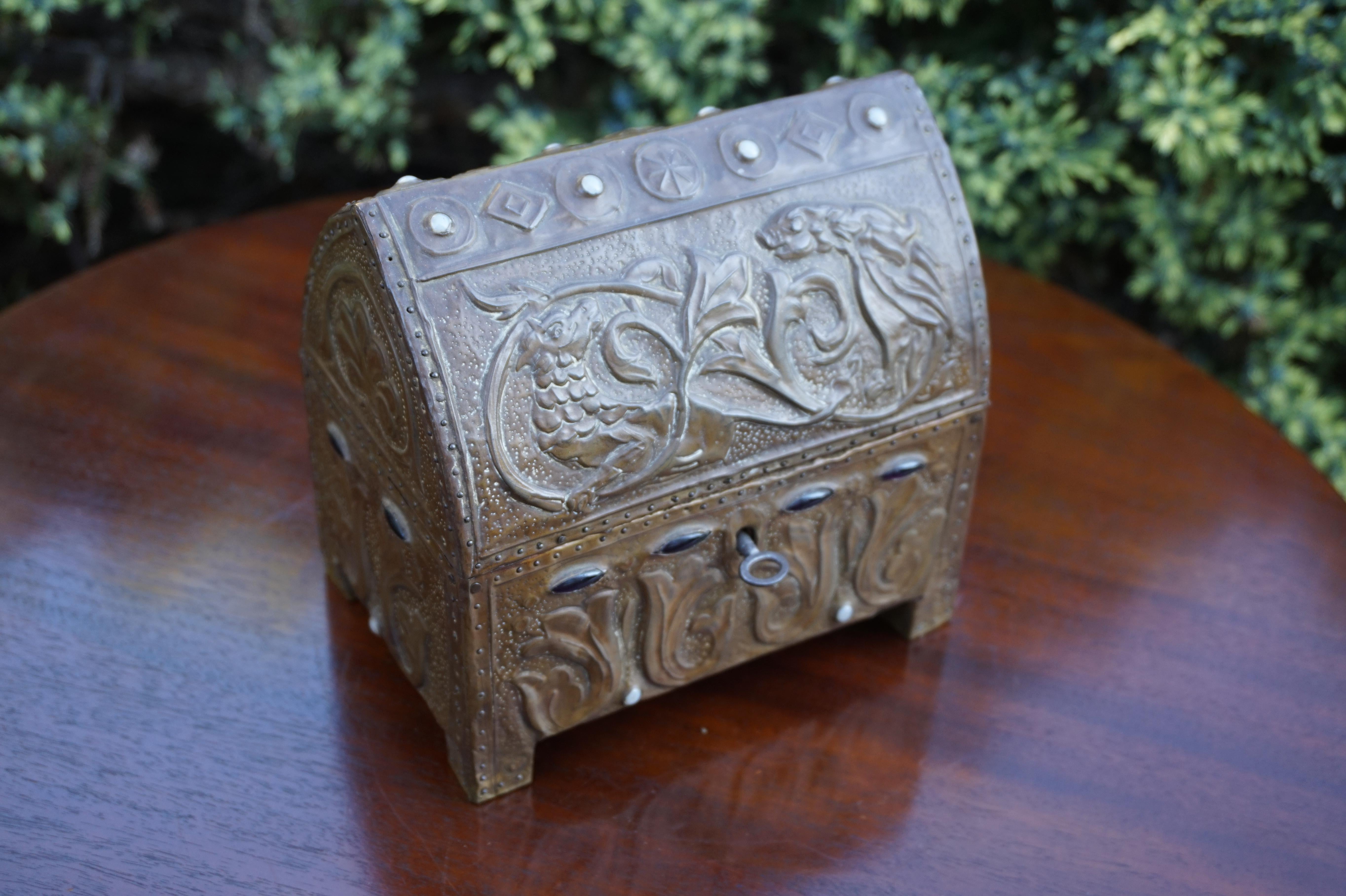 Early 1900s Gothic Revival Embossed Copper & Inlaid Stones Wooden Box with Key 11