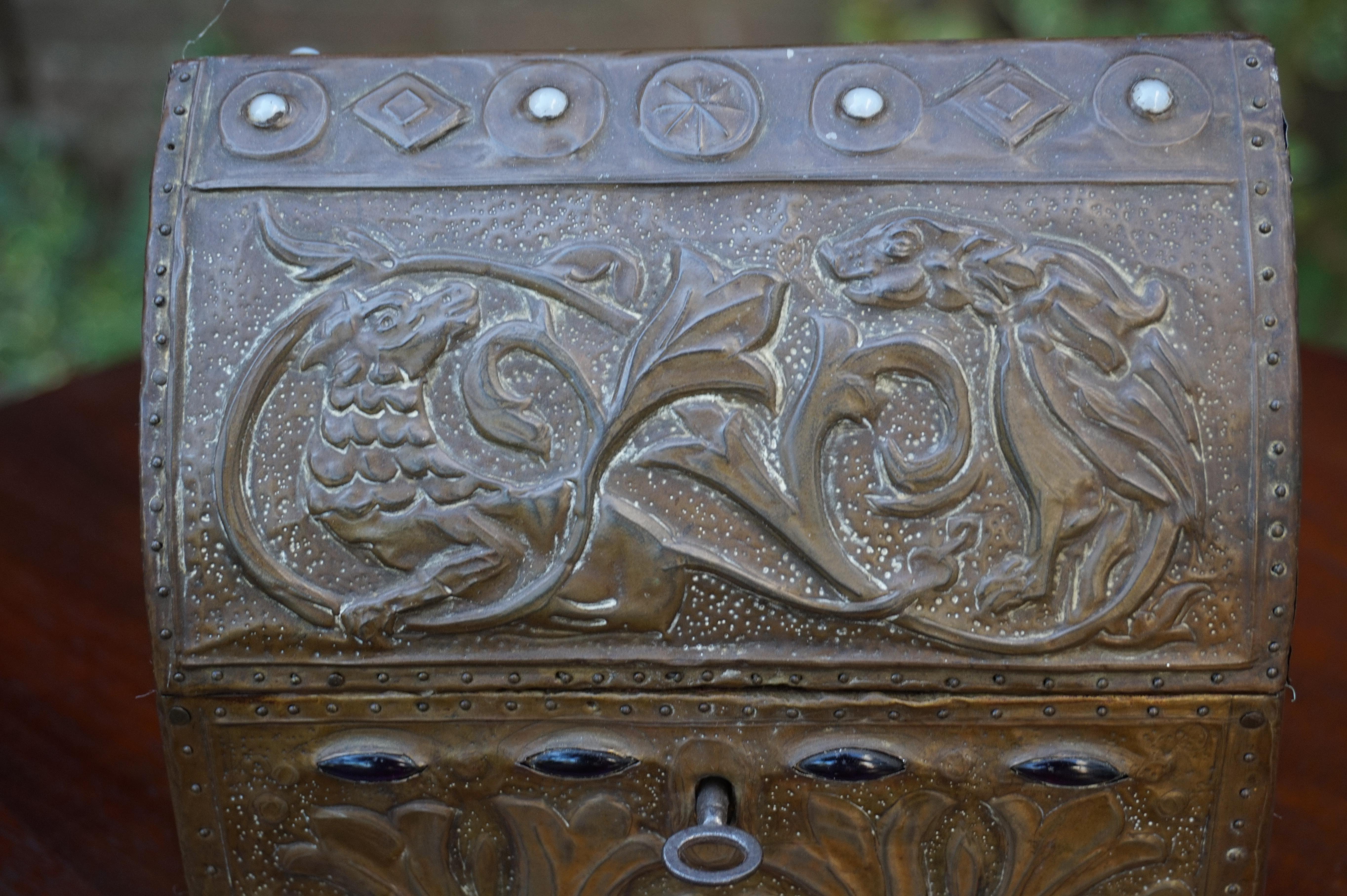 European Early 1900s Gothic Revival Embossed Copper & Inlaid Stones Wooden Box with Key