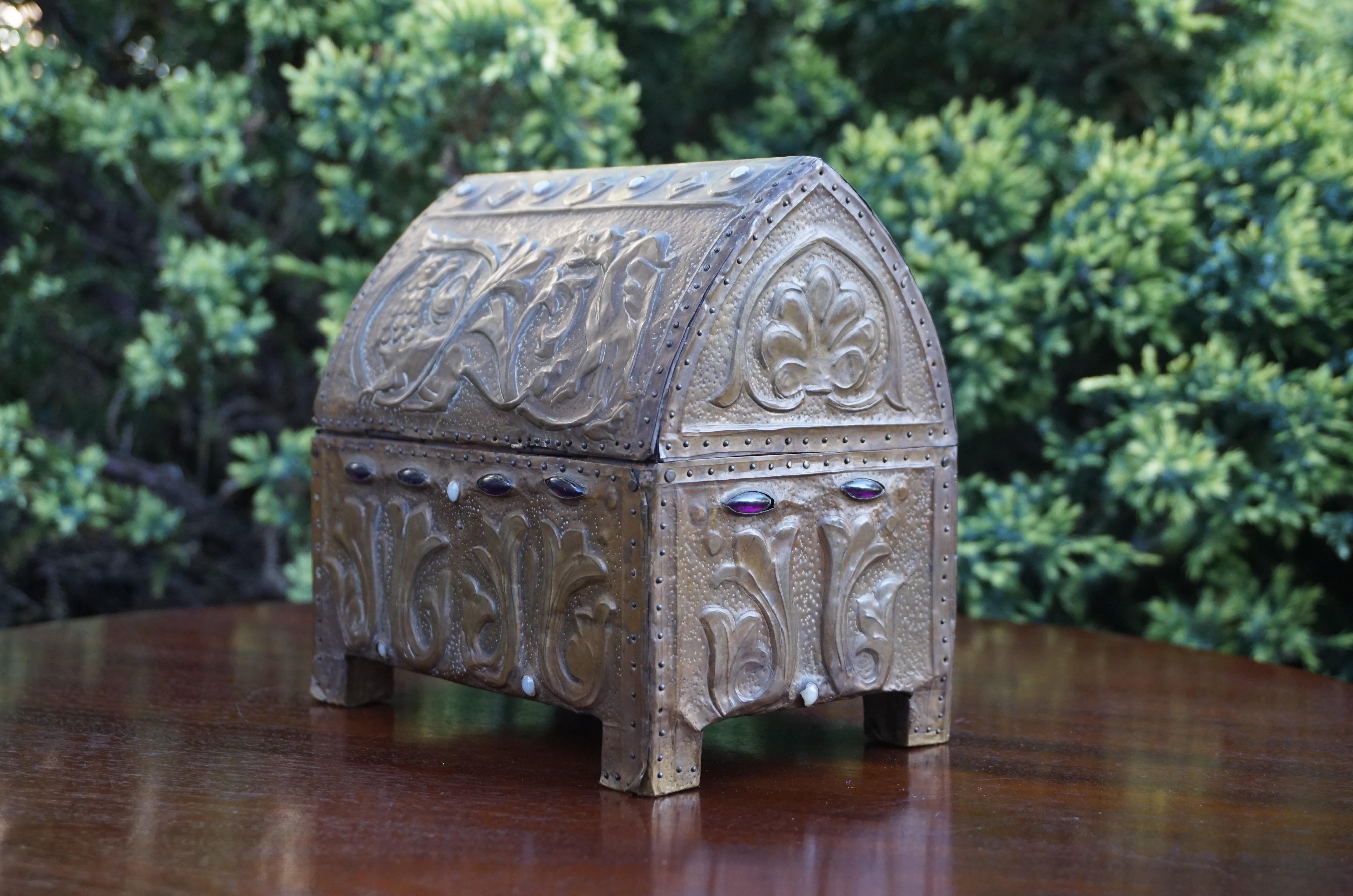 Early 1900s Gothic Revival Embossed Copper & Inlaid Stones Wooden Box with Key 1