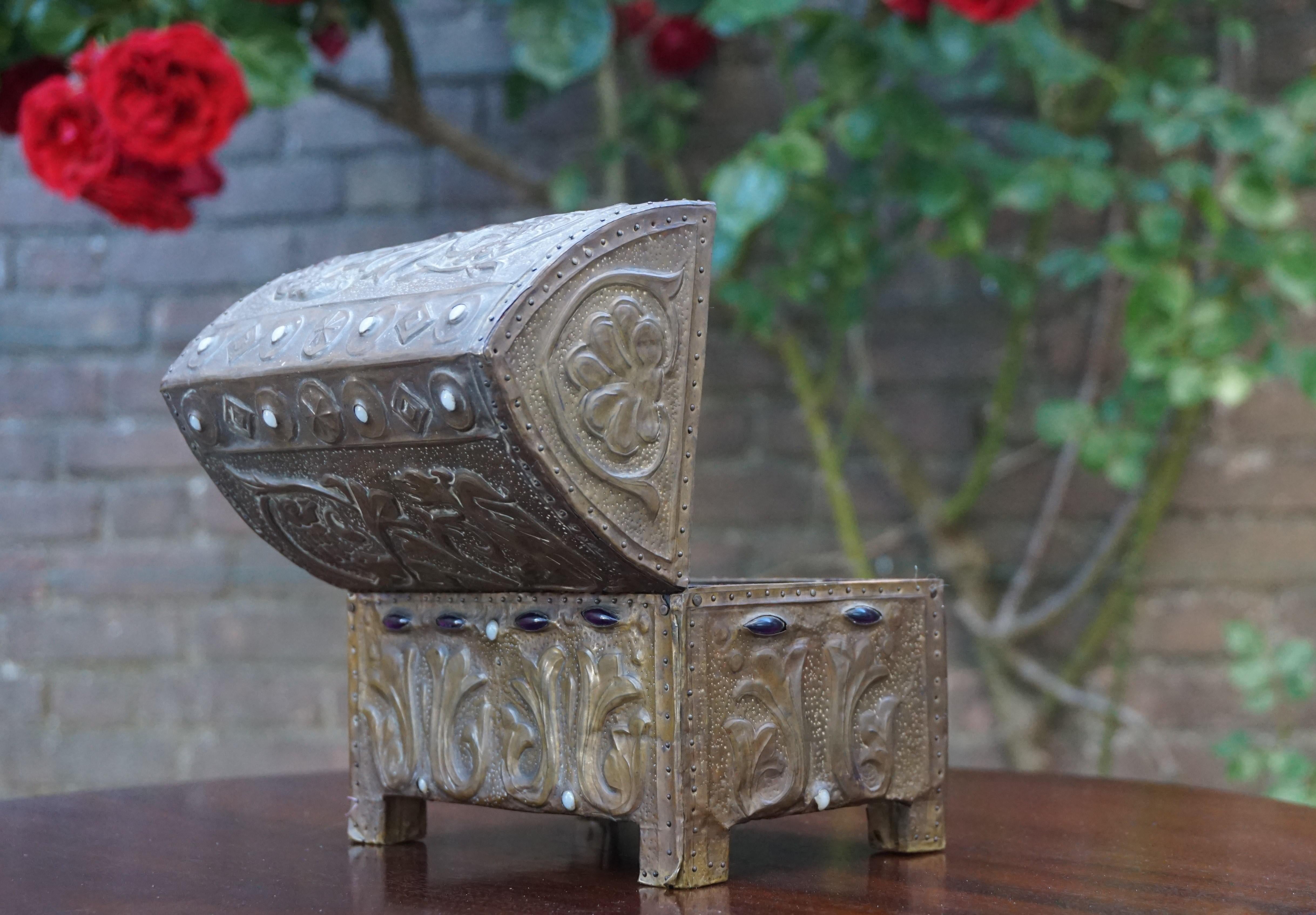 Early 1900s Gothic Revival Embossed Copper & Inlaid Stones Wooden Box with Key 2