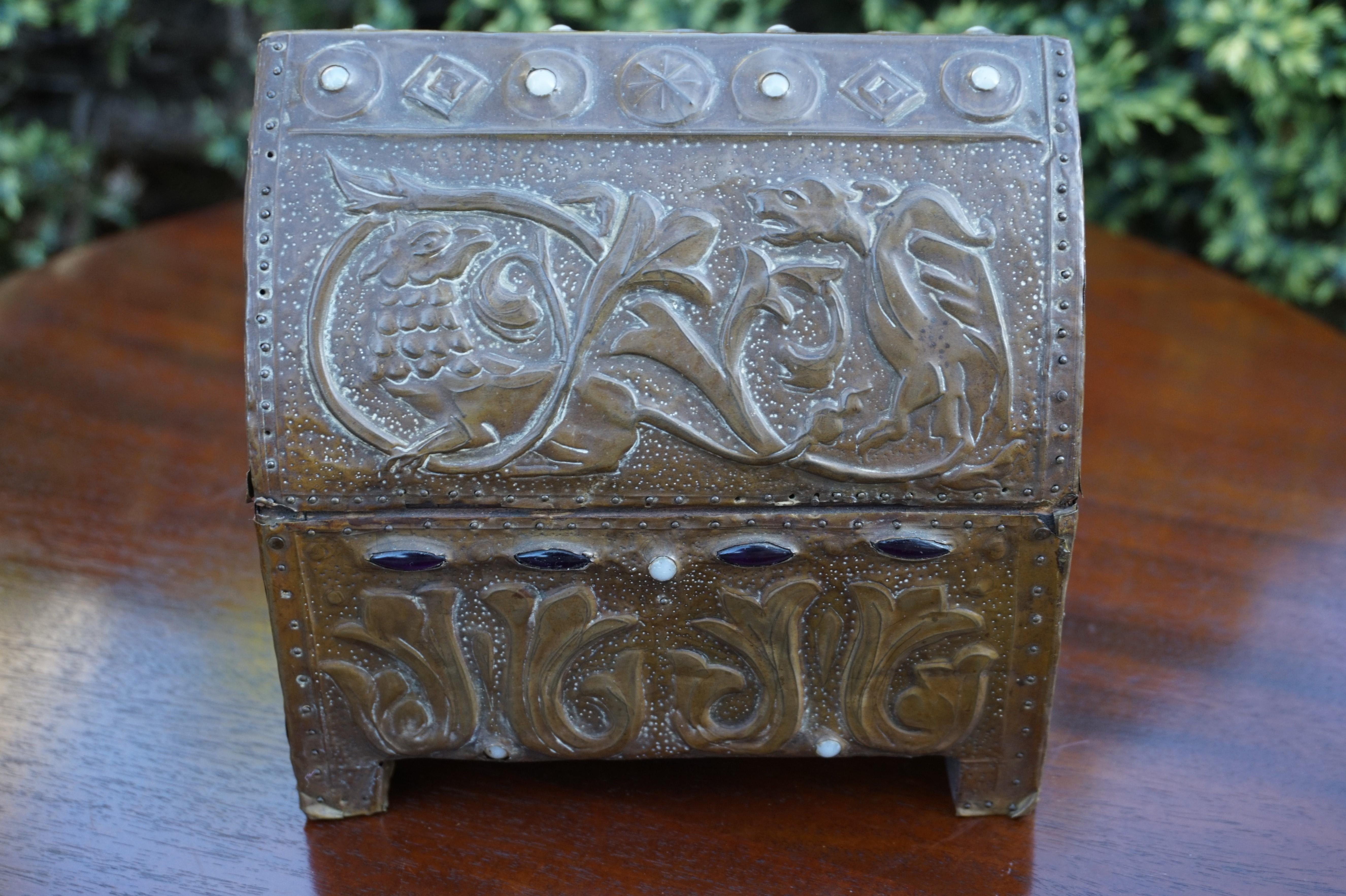 Early 1900s Gothic Revival Embossed Copper & Inlaid Stones Wooden Box with Key 3
