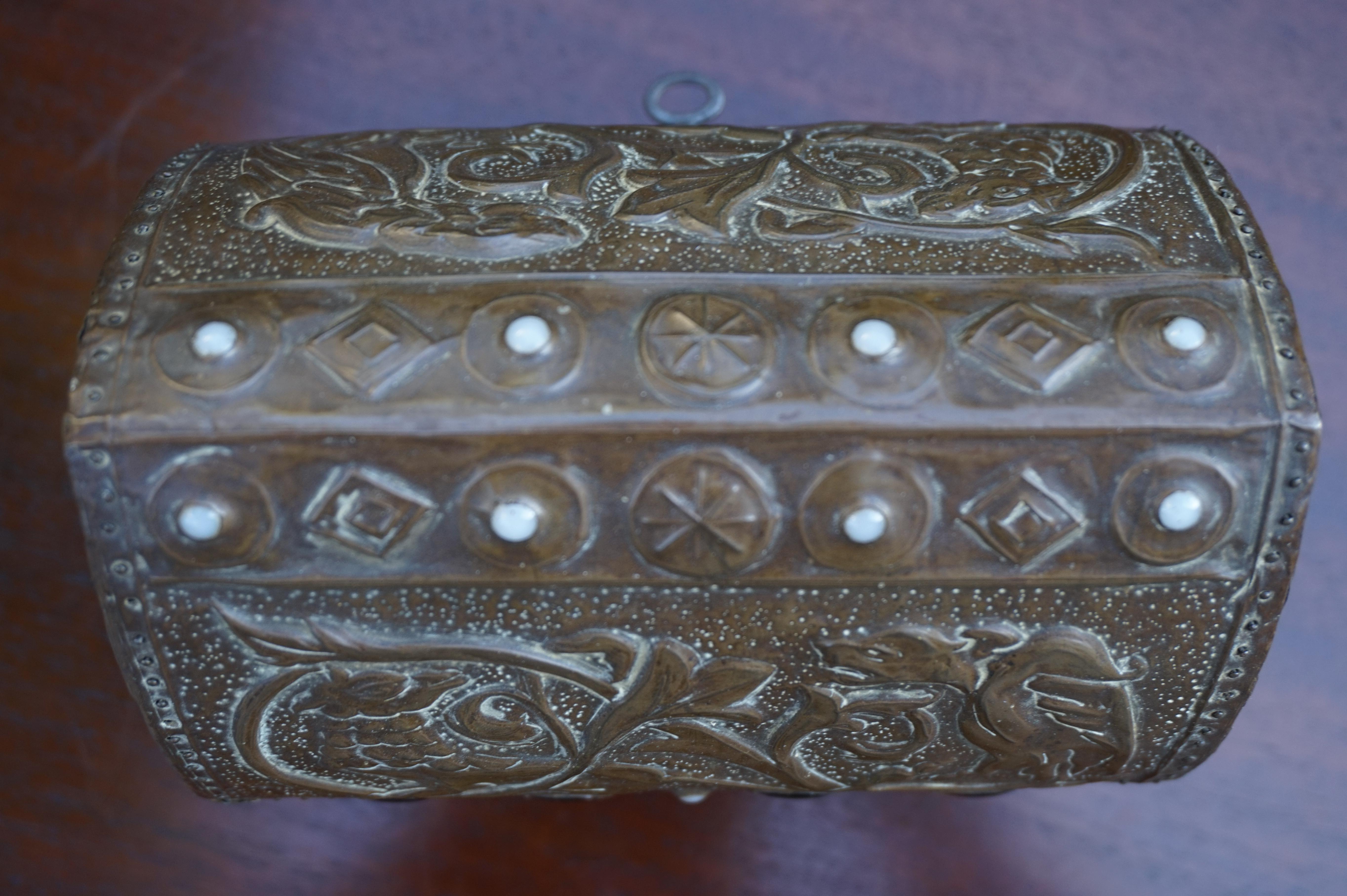 Early 1900s Gothic Revival Embossed Copper & Inlaid Stones Wooden Box with Key 4