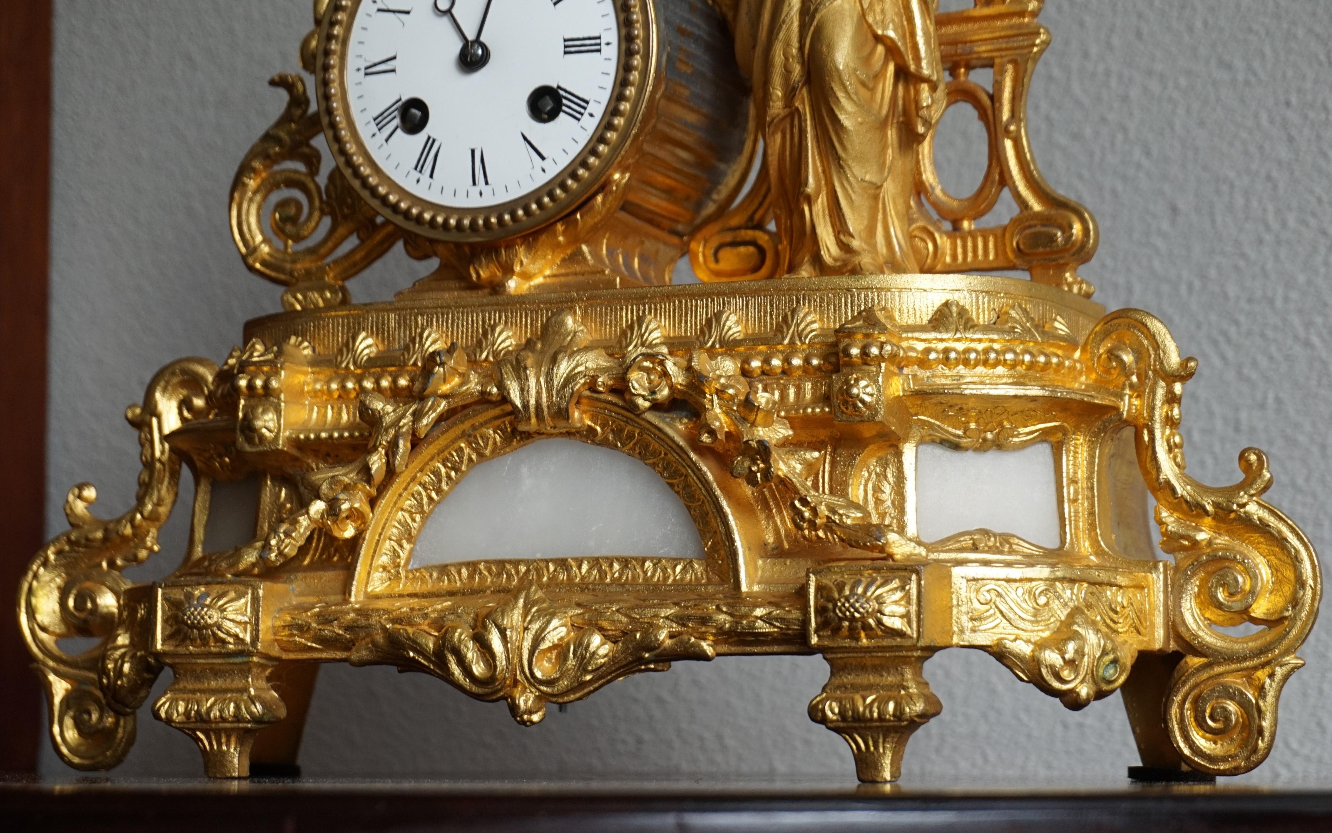 Brass Early 1900s Gothic Revival Gilt Table Clock w. Christ Holding Lamb Sculpture For Sale
