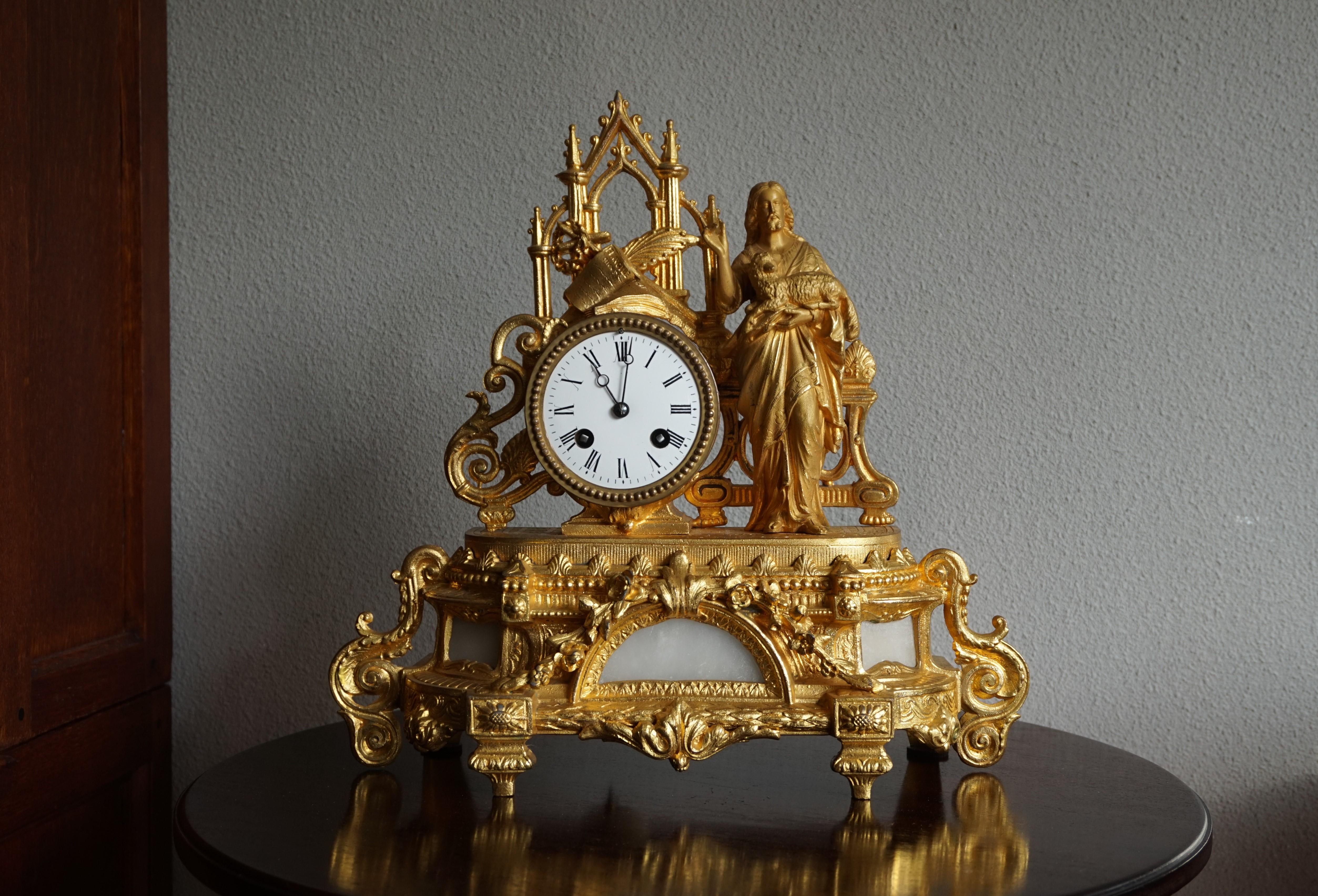 Early 1900s Gothic Revival Gilt Table Clock w. Christ Holding Lamb Sculpture For Sale 2