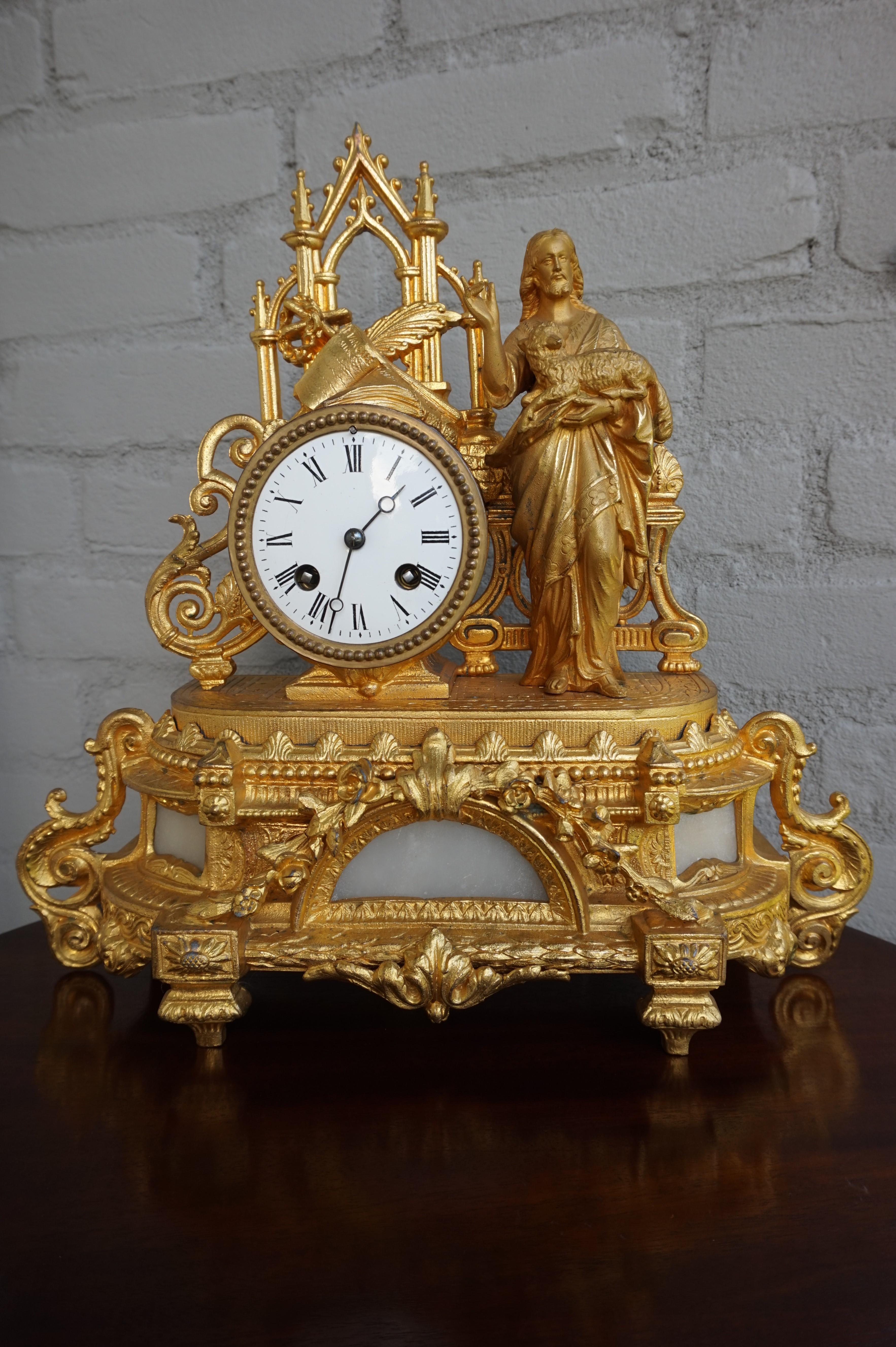 Early 1900s Gothic Revival Gilt Table Clock w. Christ Holding Lamb Sculpture For Sale 6