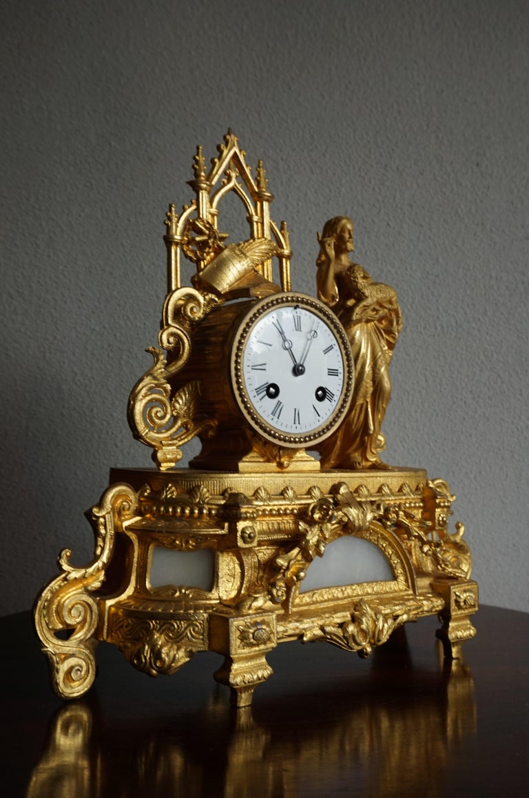 Early 1900s Gothic Revival Gilt Table Clock w. Christ Holding Lamb Sculpture For Sale at 1stDibs
