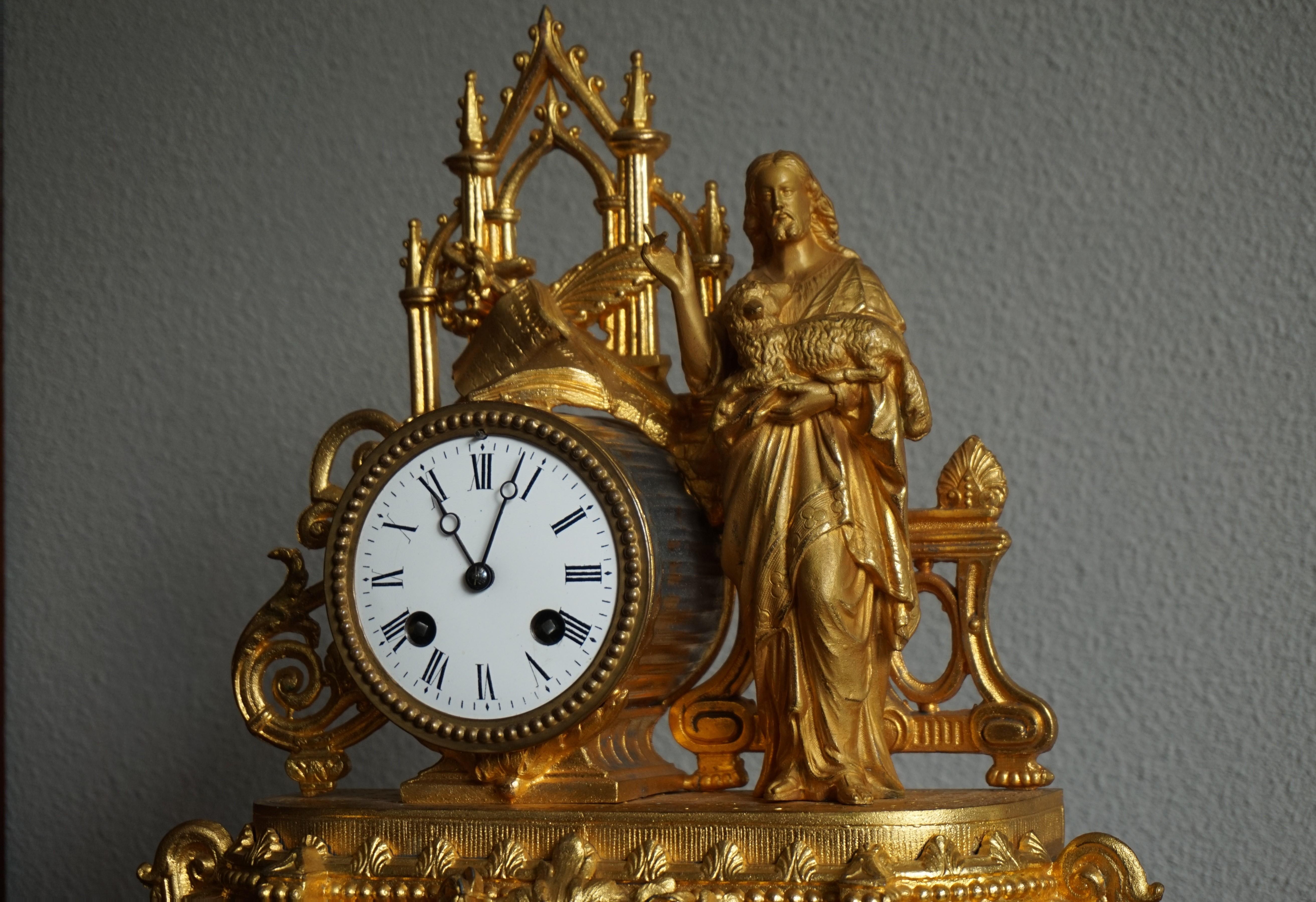 French Early 1900s Gothic Revival Gilt Table Clock w. Christ Holding Lamb Sculpture For Sale
