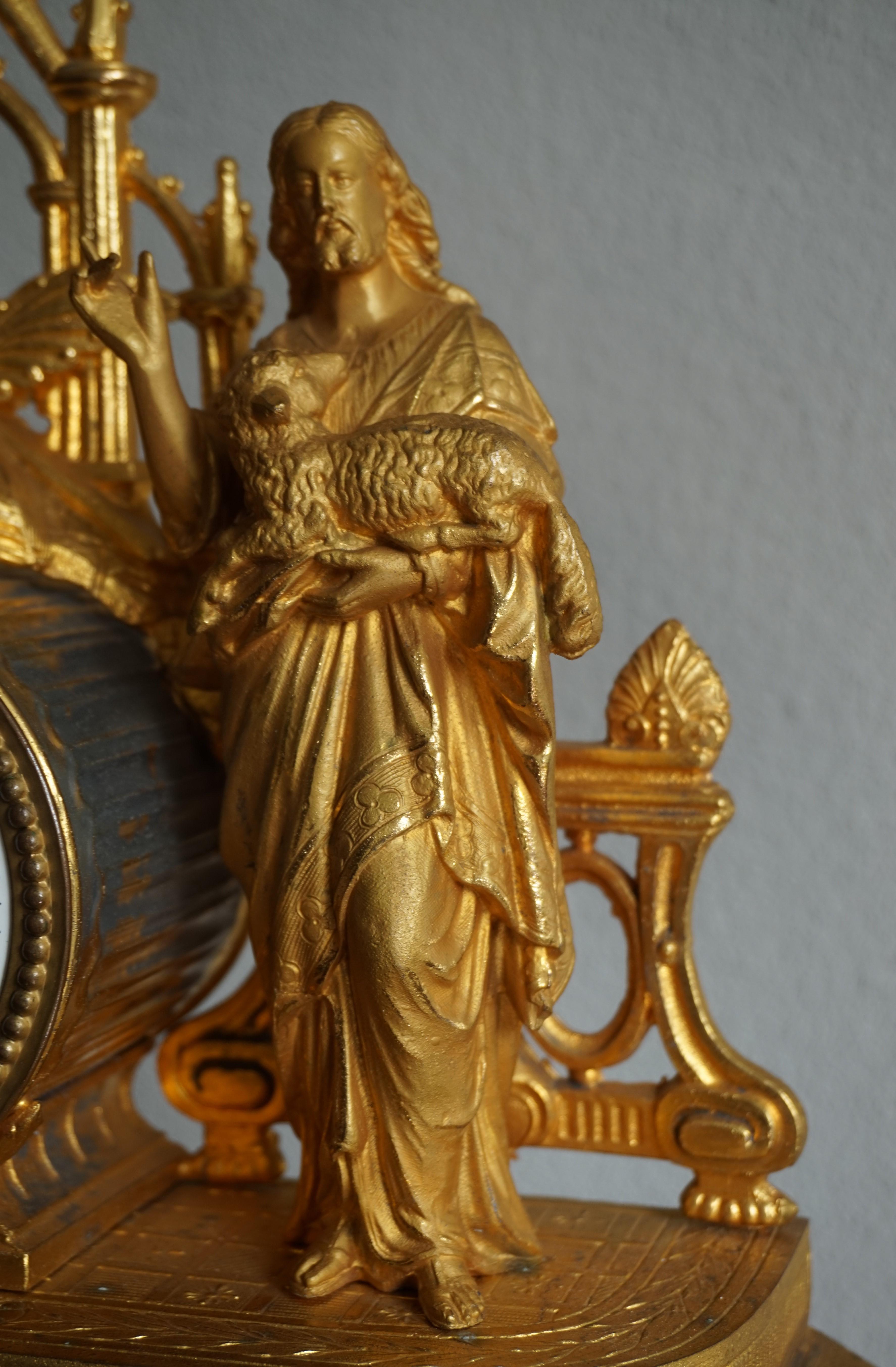 Hand-Carved Early 1900s Gothic Revival Gilt Table Clock w. Christ Holding Lamb Sculpture For Sale