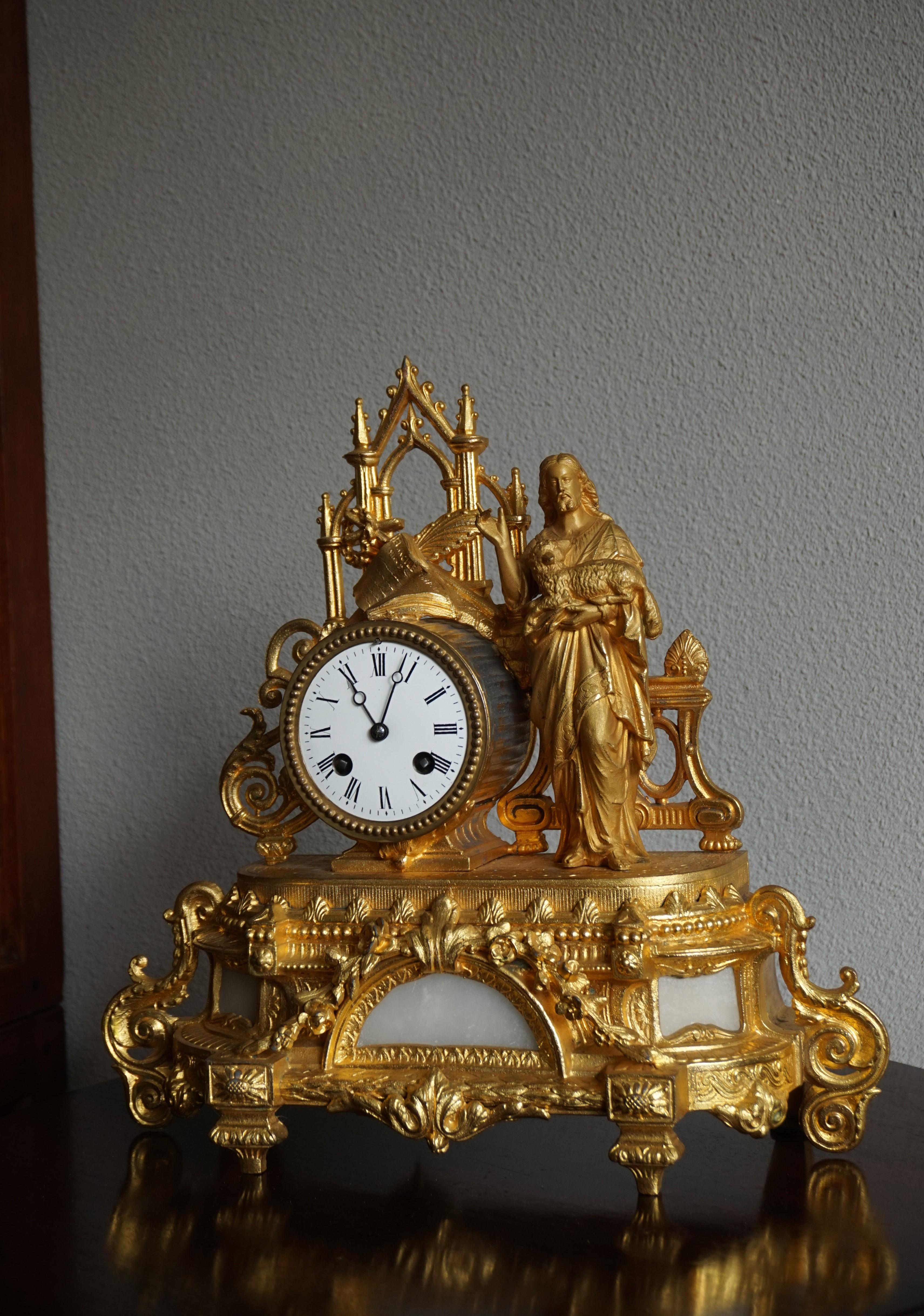 20th Century Early 1900s Gothic Revival Gilt Table Clock w. Christ Holding Lamb Sculpture For Sale