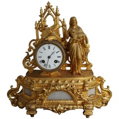 Early 1900s Gothic Revival Gilt Table Clock w. Christ Holding Lamb Sculpture