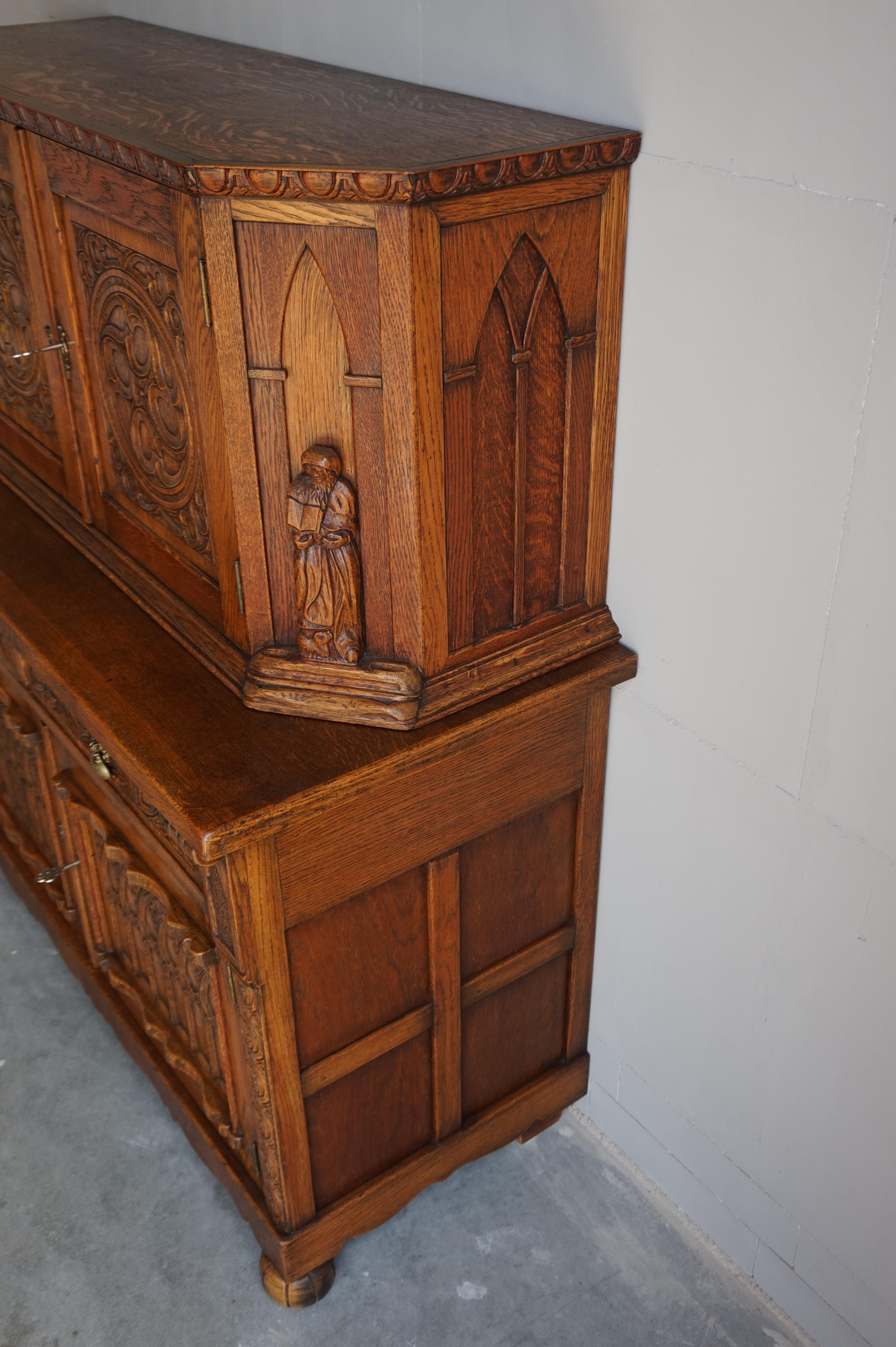 Early 1900s Gothic Revival, Hand Carved Two Piece Oak Cabinet w. Monk Sculptures 9
