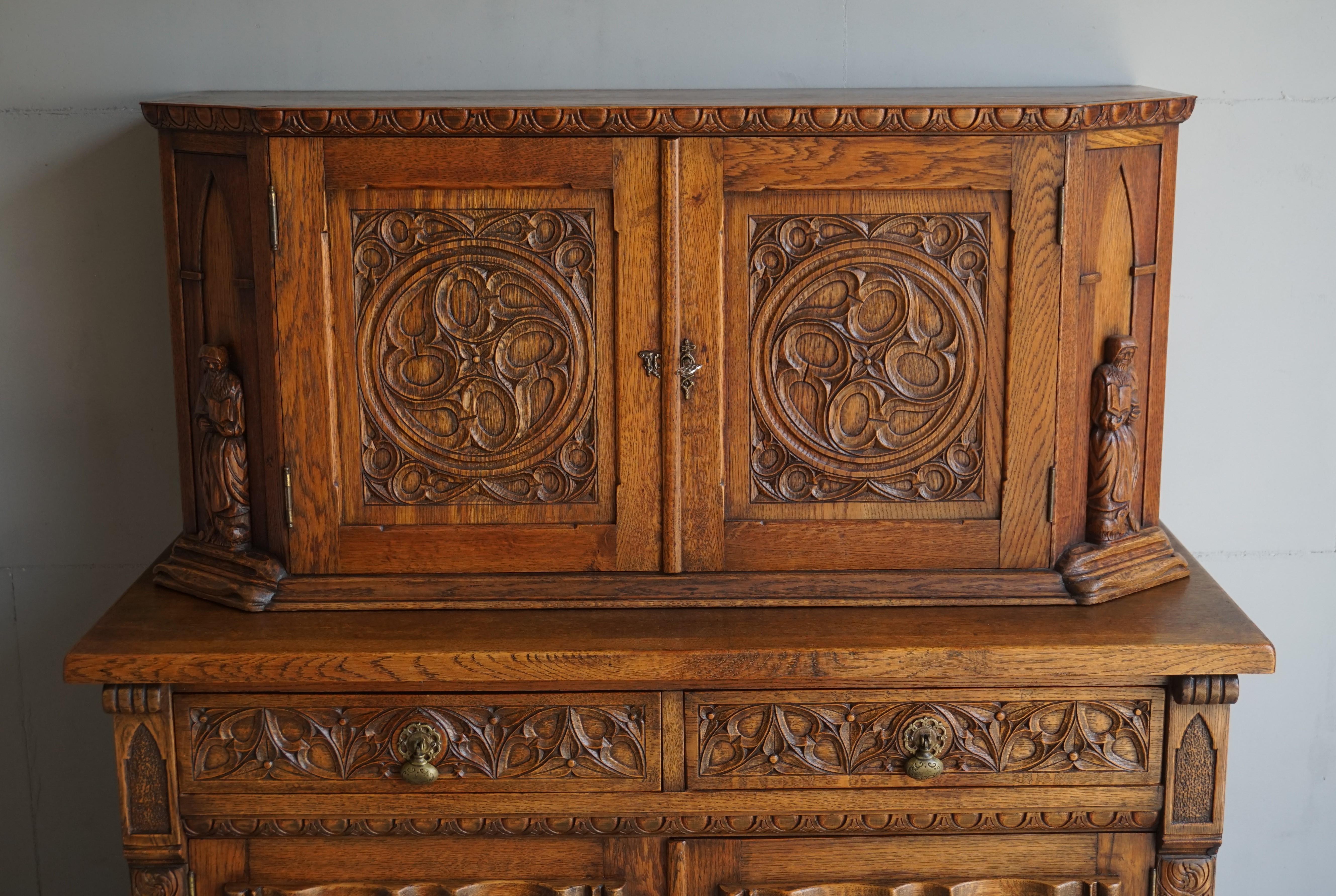 Early 1900s Gothic Revival, Hand Carved Two Piece Oak Cabinet w. Monk Sculptures 10