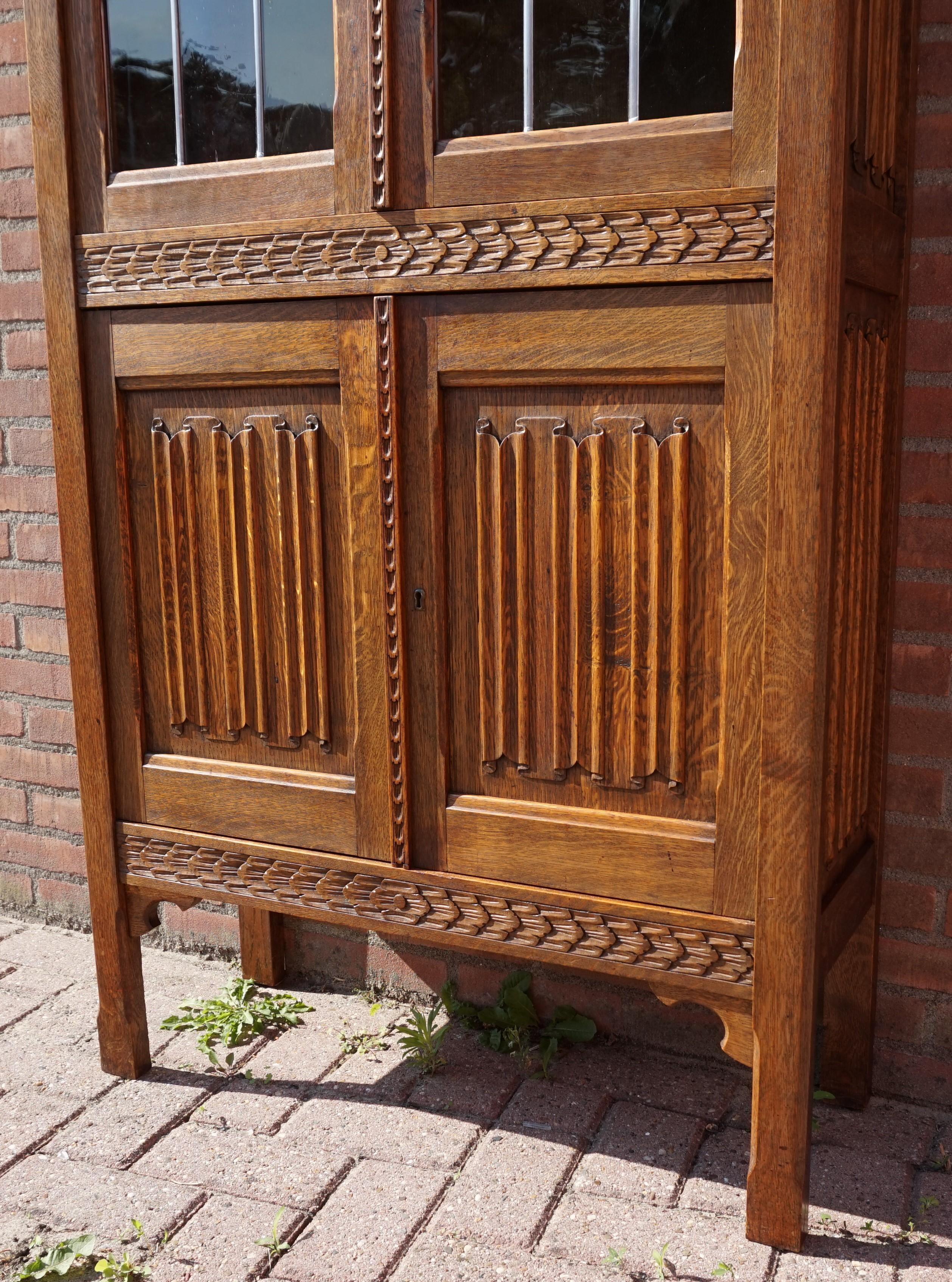 Early 1900s Gothic Revival Tall Bookcase/ Cabinet with Stained Glass Windows 5