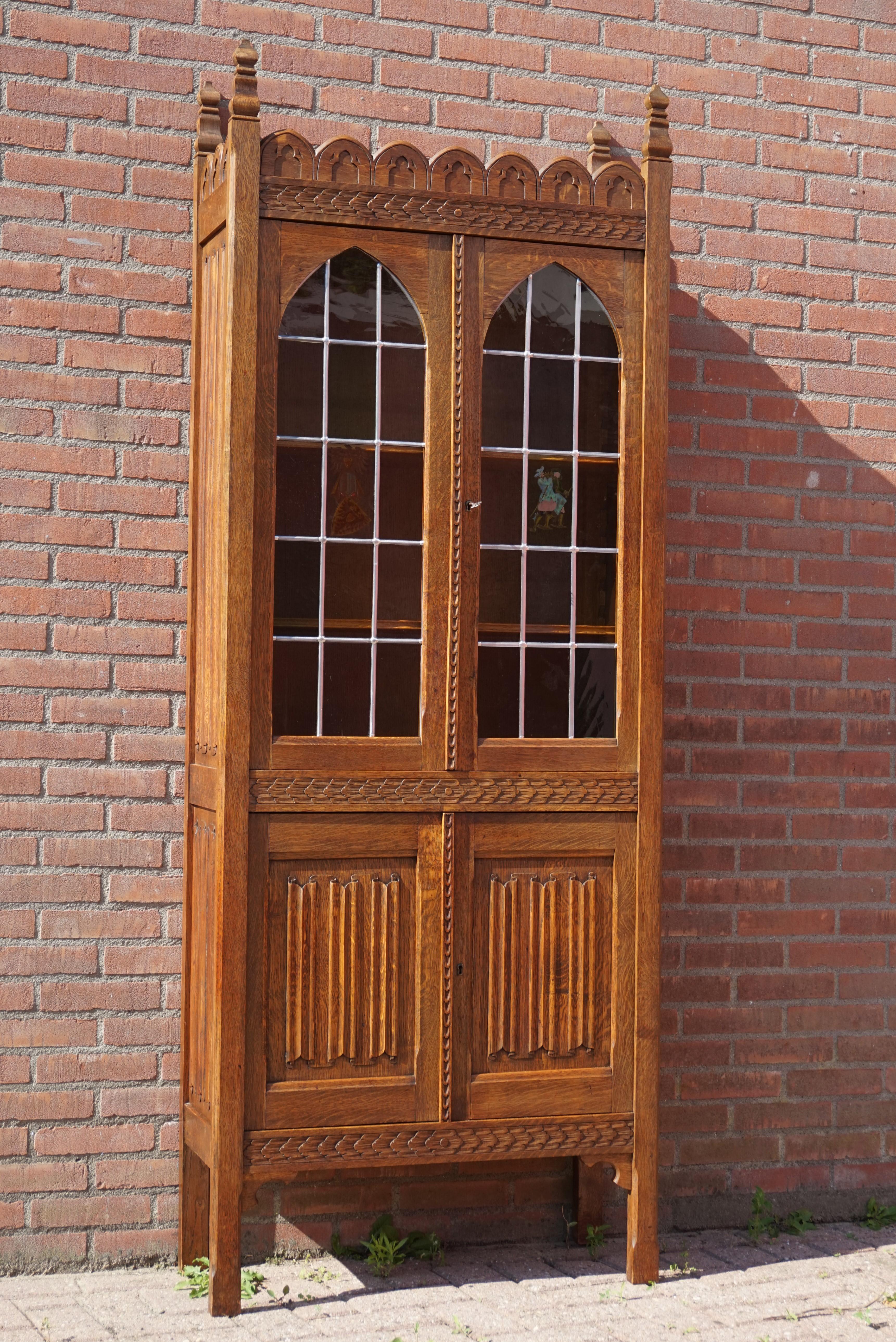 Early 1900s Gothic Revival Tall Bookcase/ Cabinet with Stained Glass Windows 10