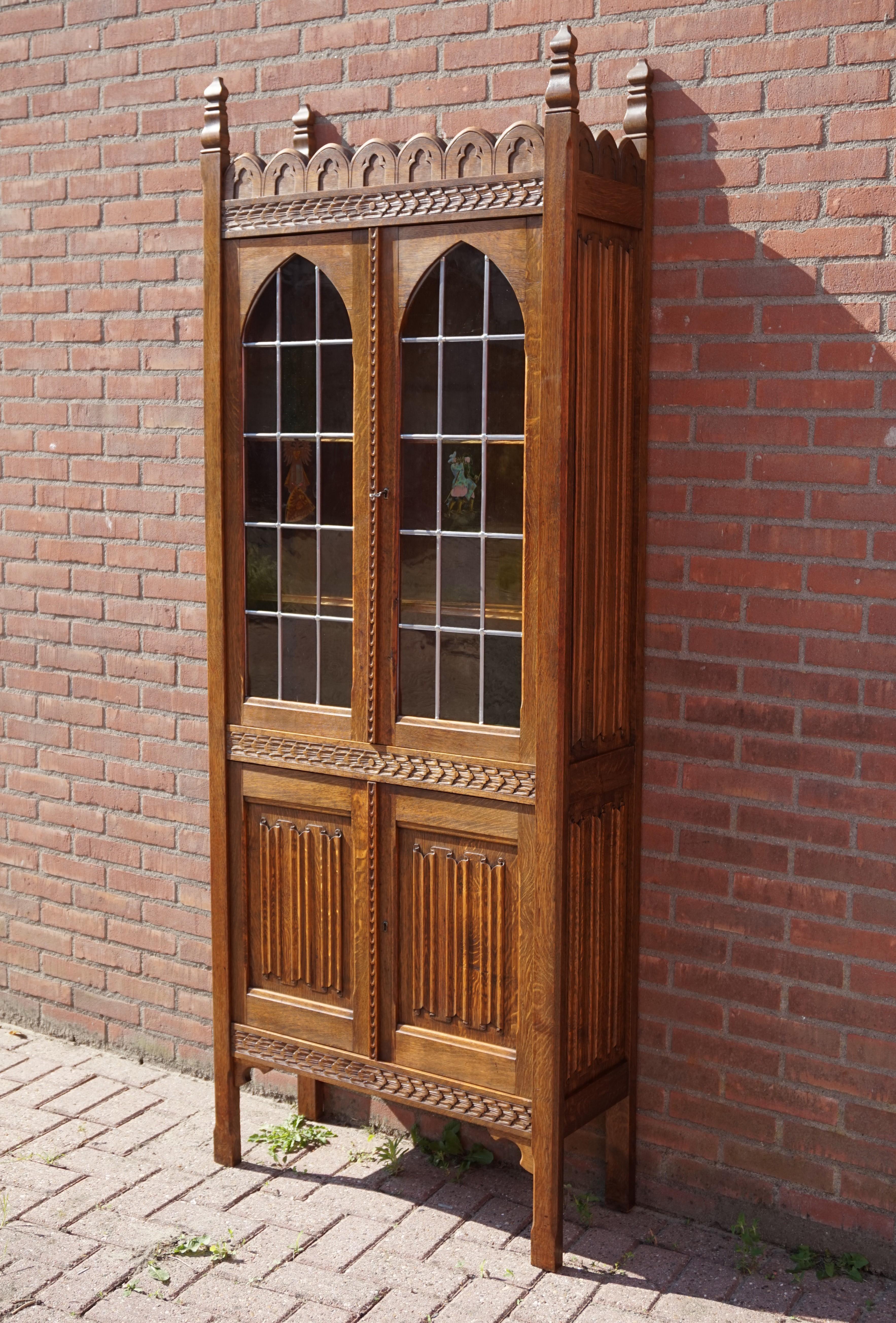 Early 1900s Gothic Revival Tall Bookcase/ Cabinet with Stained Glass Windows 13