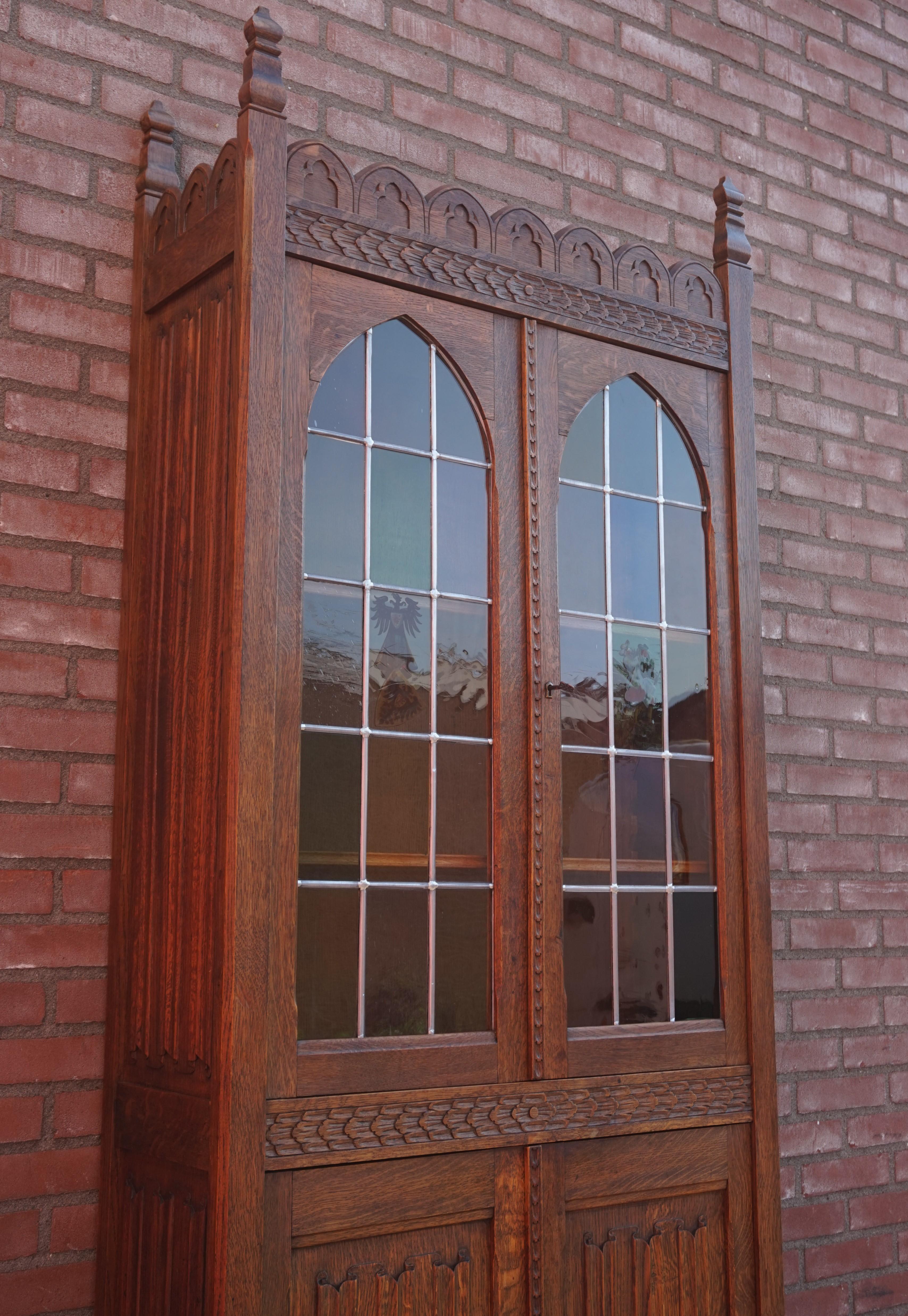 European Early 1900s Gothic Revival Tall Bookcase/ Cabinet with Stained Glass Windows