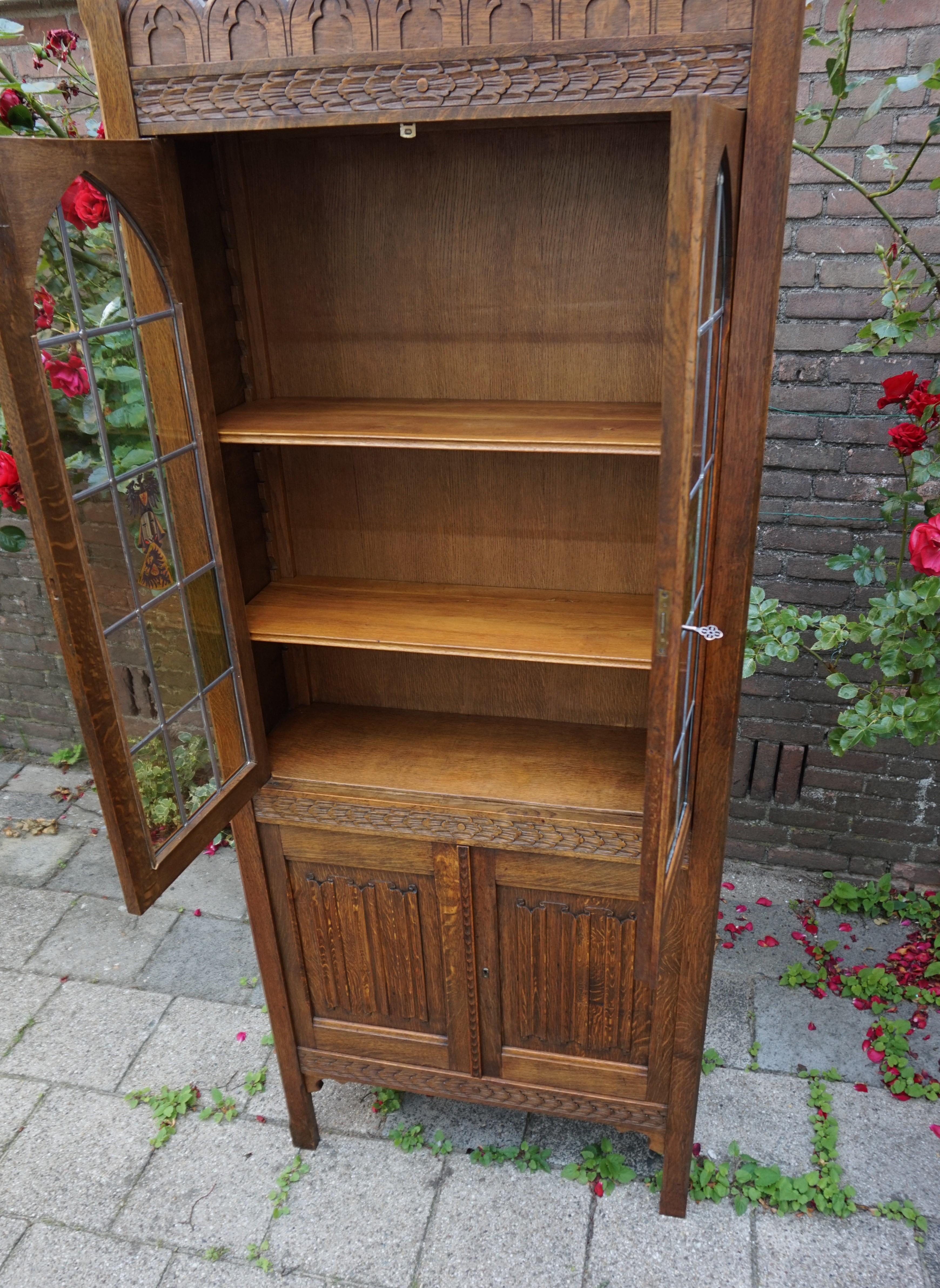 20th Century Early 1900s Gothic Revival Tall Bookcase/ Cabinet with Stained Glass Windows