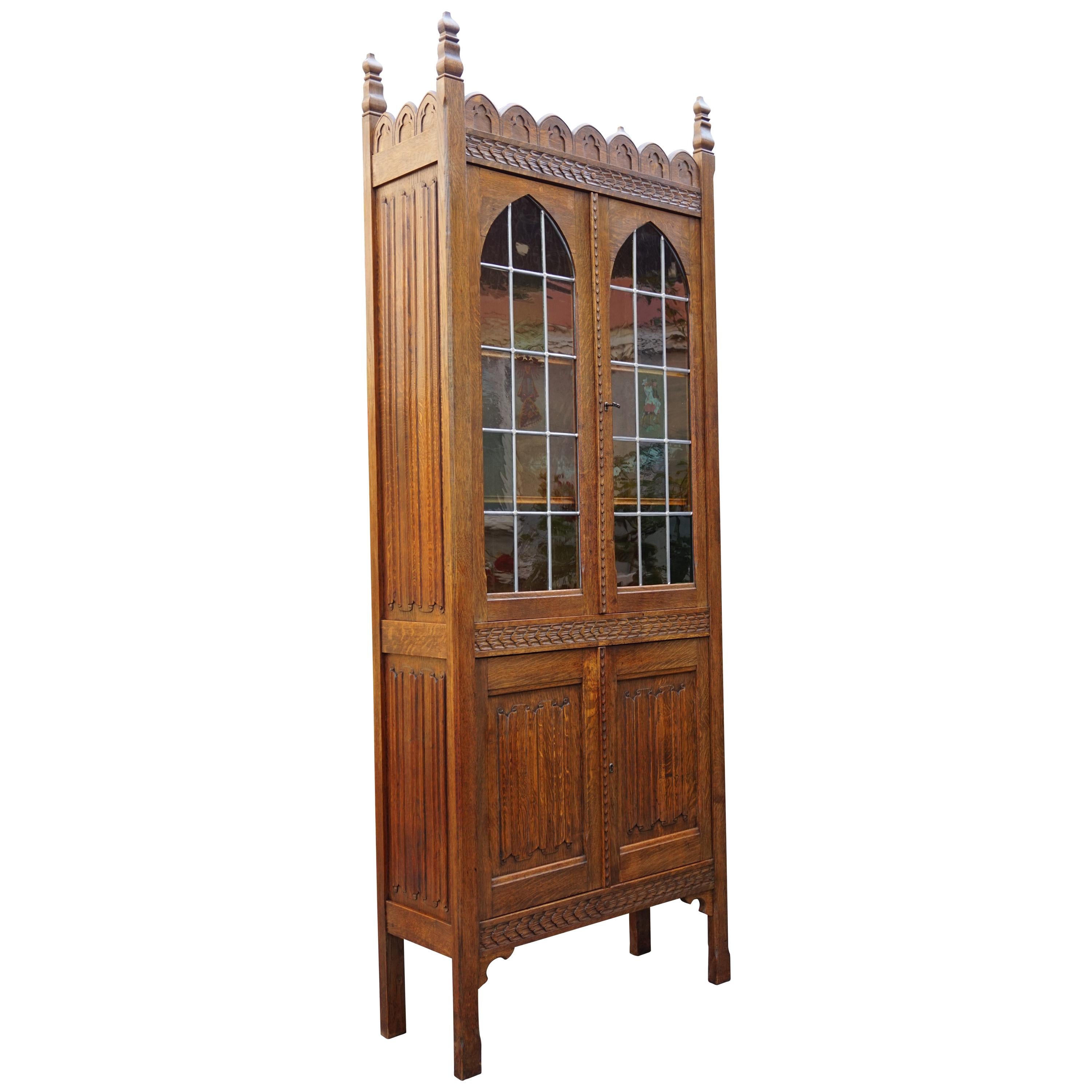 Early 1900s Gothic Revival Tall Bookcase/ Cabinet with Stained Glass Windows