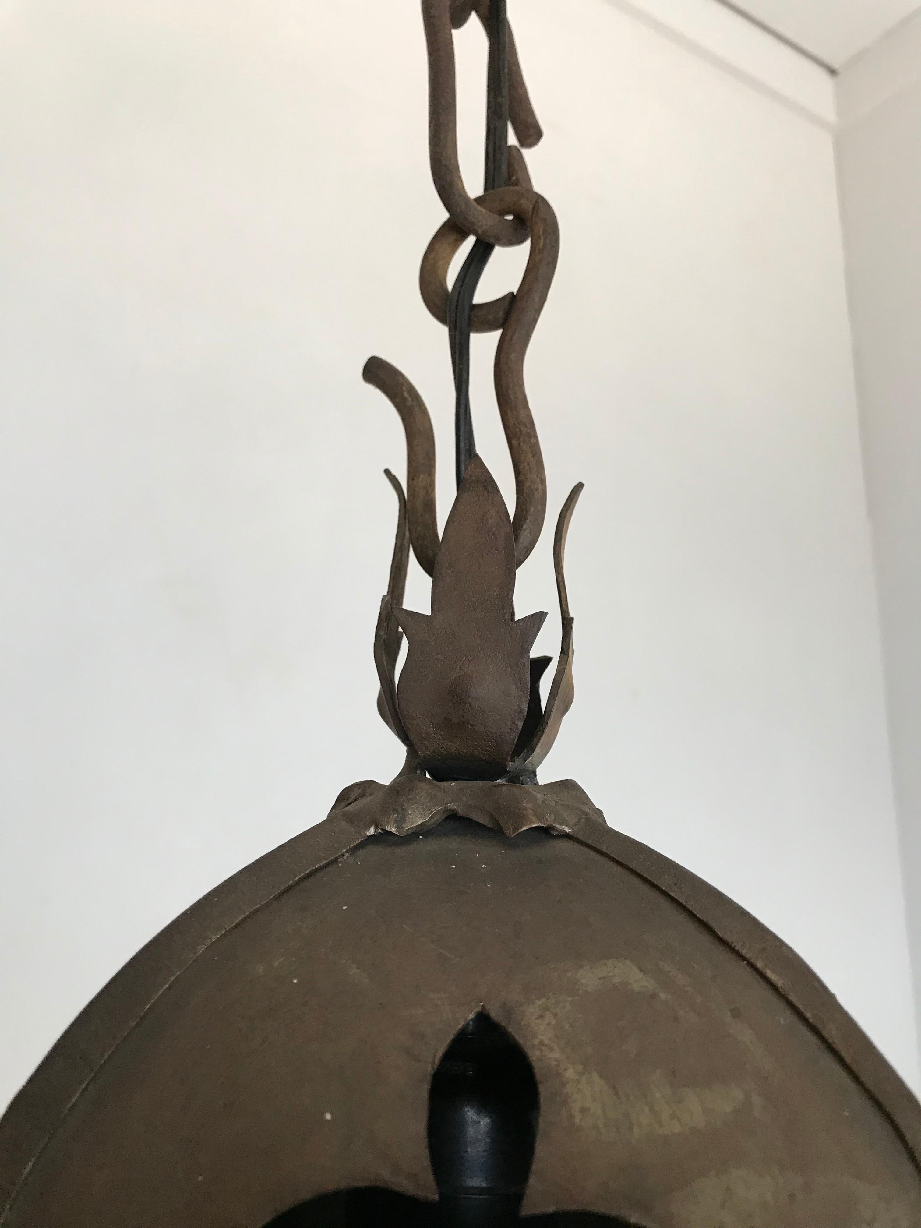 Early 1900s Gothic Revival Wrought Iron and Stained Glass Lantern / Fixture 3