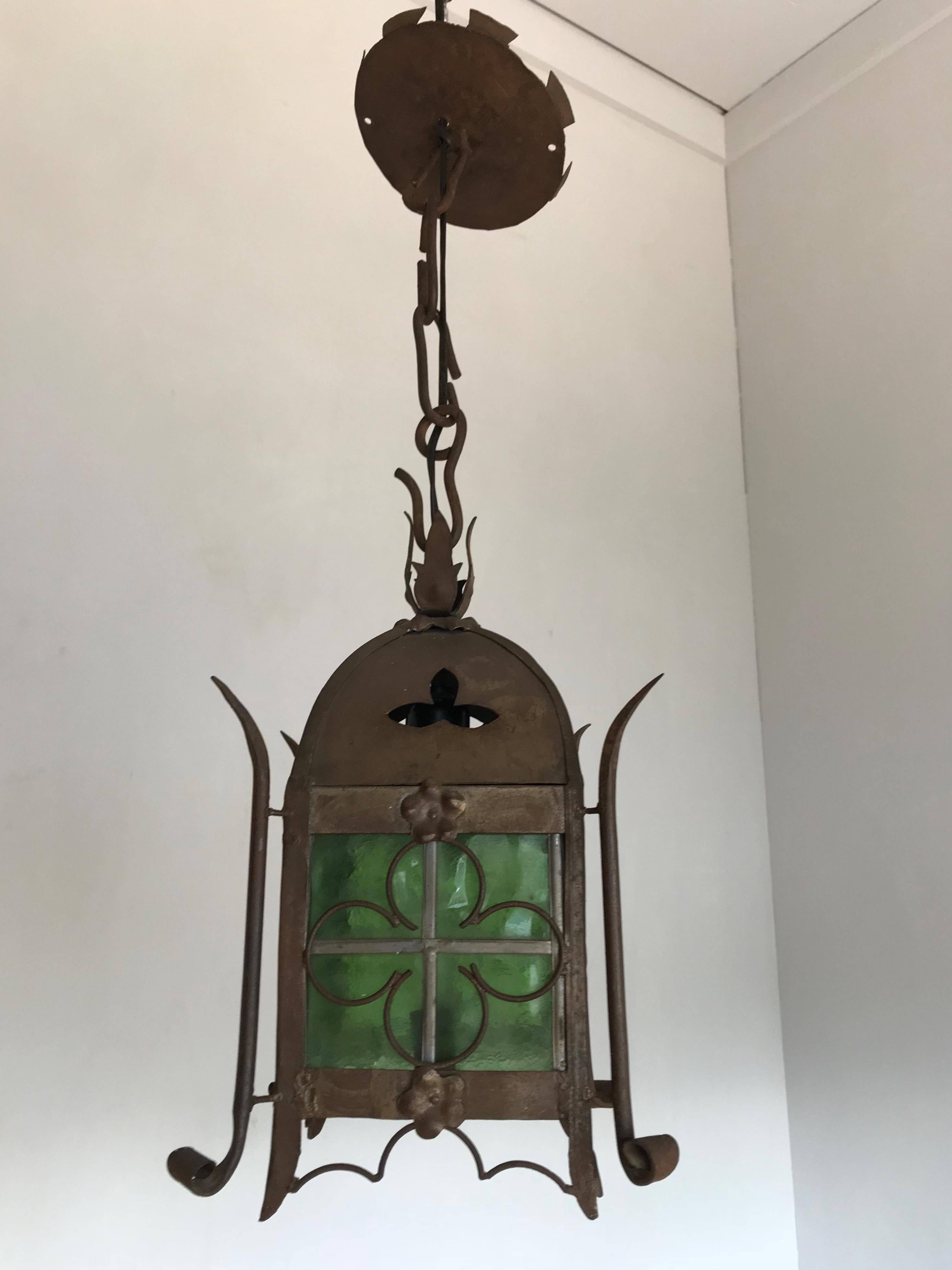 Early 1900s Gothic Revival Wrought Iron and Stained Glass Lantern / Fixture 4