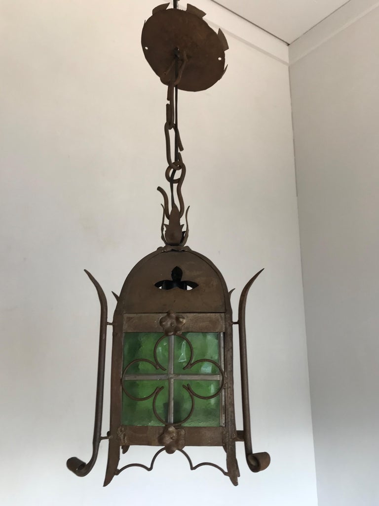 Early 1900s Gothic Revival Wrought Iron and Stained Glass Lantern, Lamp