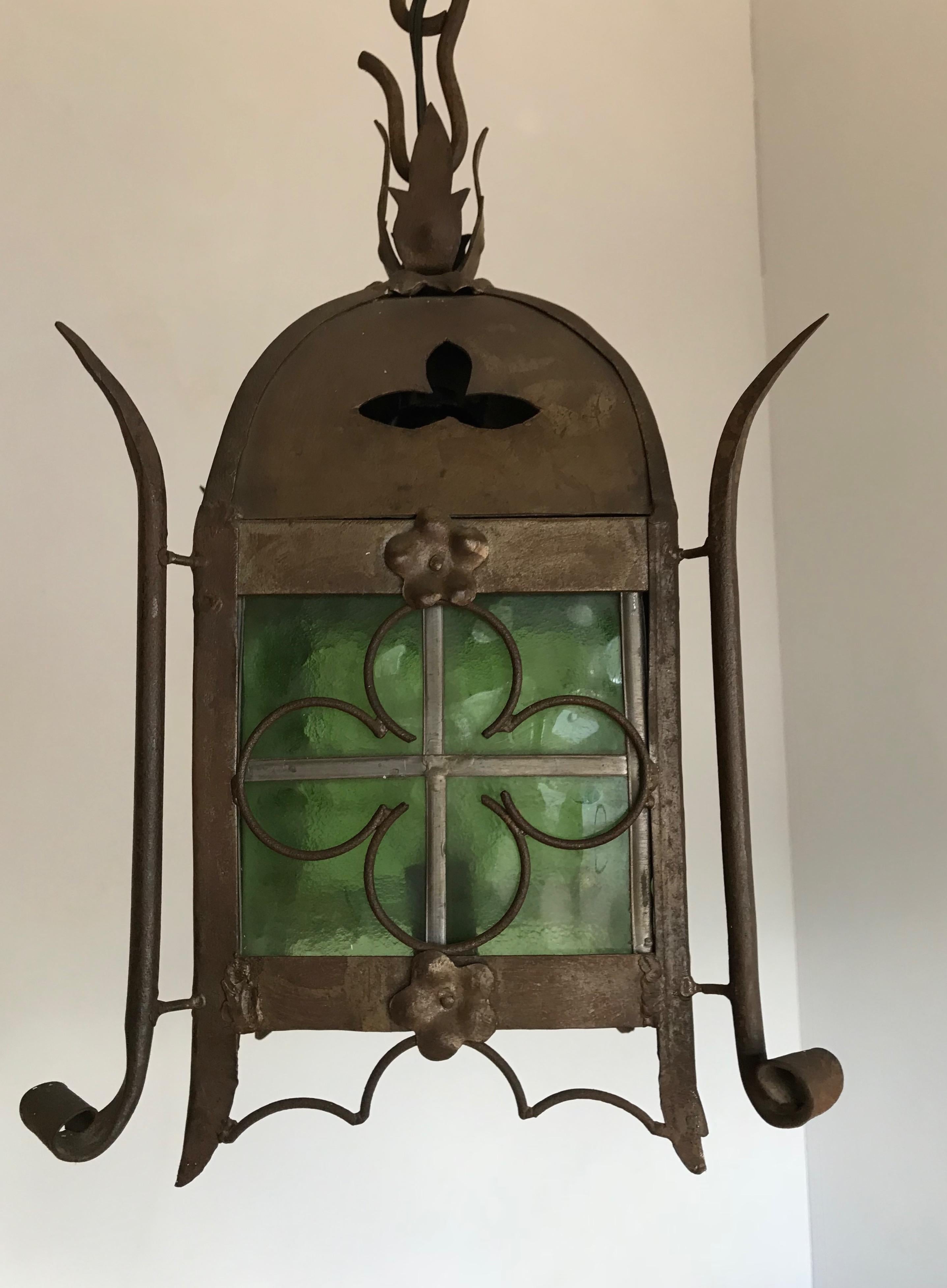 Early 1900s Gothic Revival Wrought Iron and Stained Glass Lantern / Fixture 5