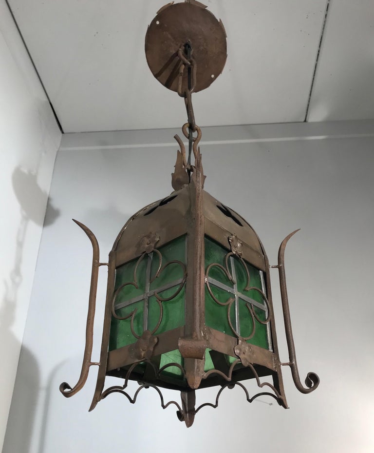 Early 1900s Gothic Revival Wrought Iron and Stained Glass Lantern, Lamp
