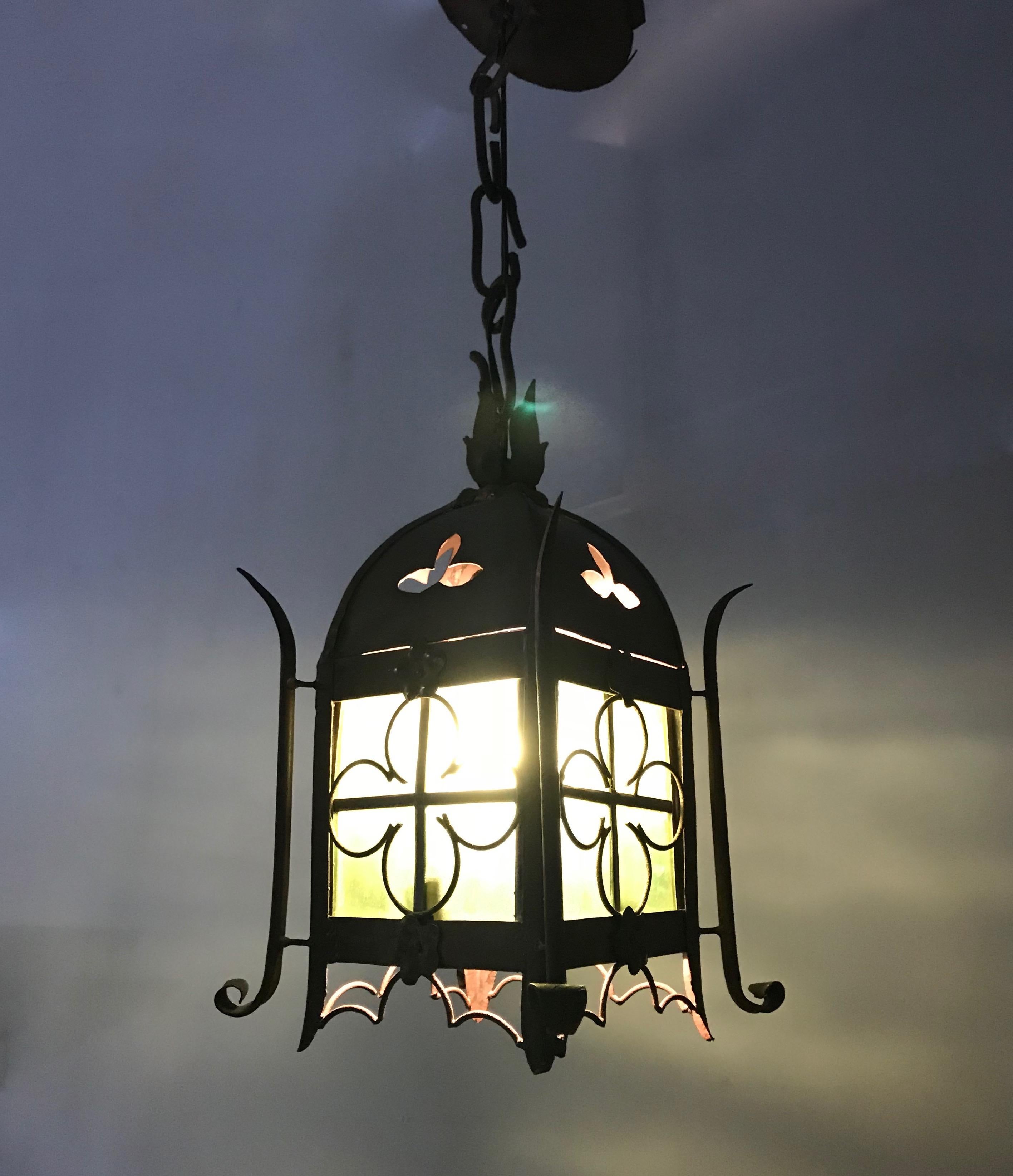 Early 1900s Gothic Revival Wrought Iron and Stained Glass Lantern / Fixture 7