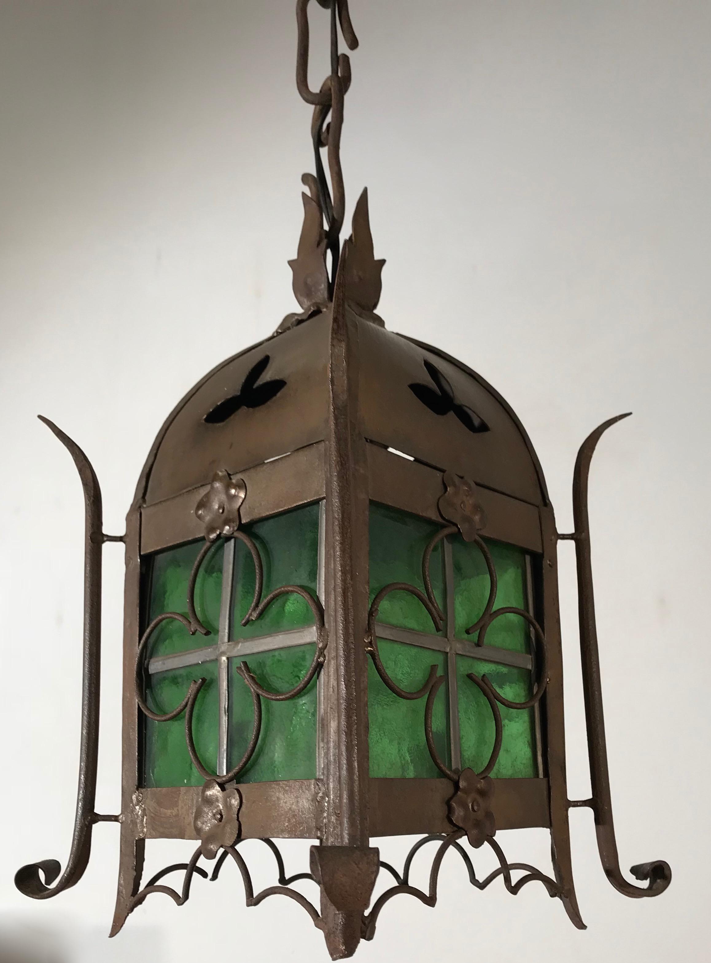 Early 1900s Gothic Revival Wrought Iron and Stained Glass Lantern / Fixture 8