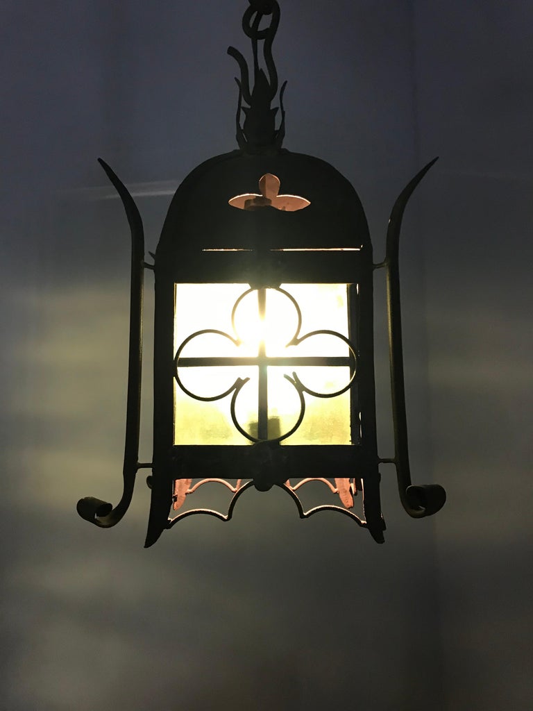 Early 1900s Gothic Revival Wrought Iron and Stained Glass Lantern, Lamp