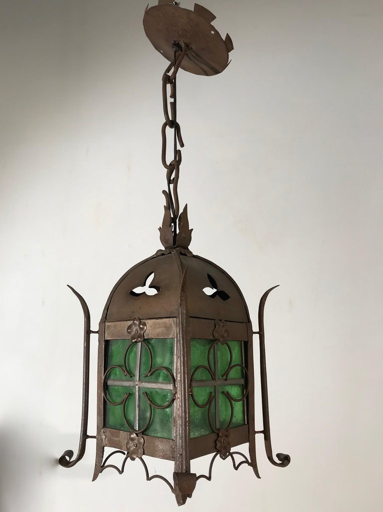 Early 1900s Gothic Revival Wrought Iron and Stained Glass Lantern, Lamp