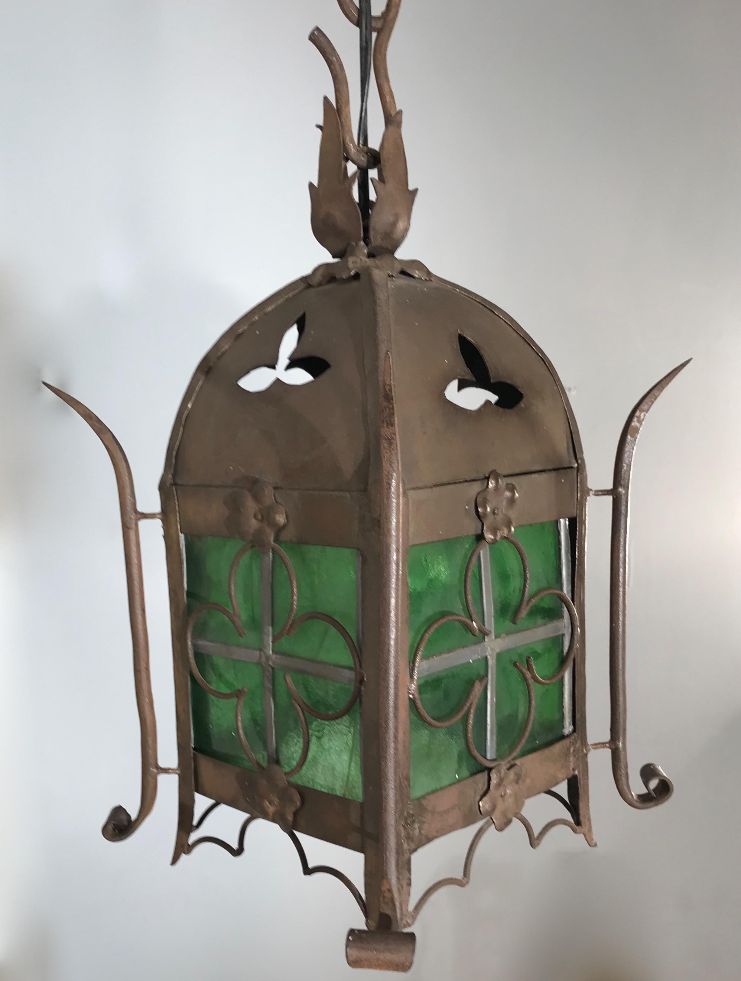 Early 1900s Gothic Revival Wrought Iron and Stained Glass Lantern / Fixture 11