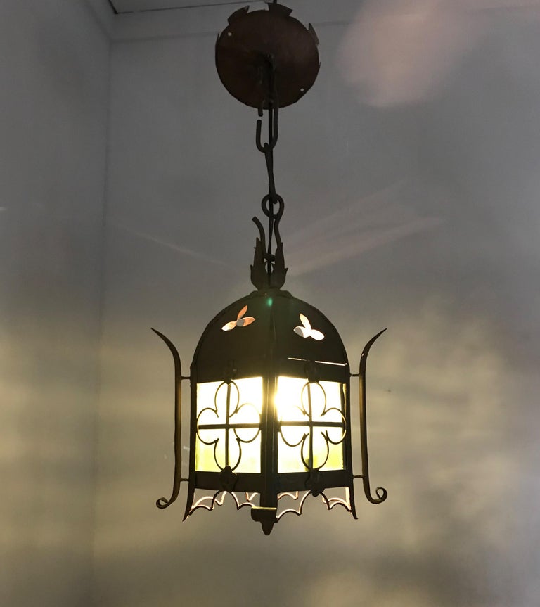 Early 1900s Gothic Revival Wrought Iron and Stained Glass Lantern, Lamp