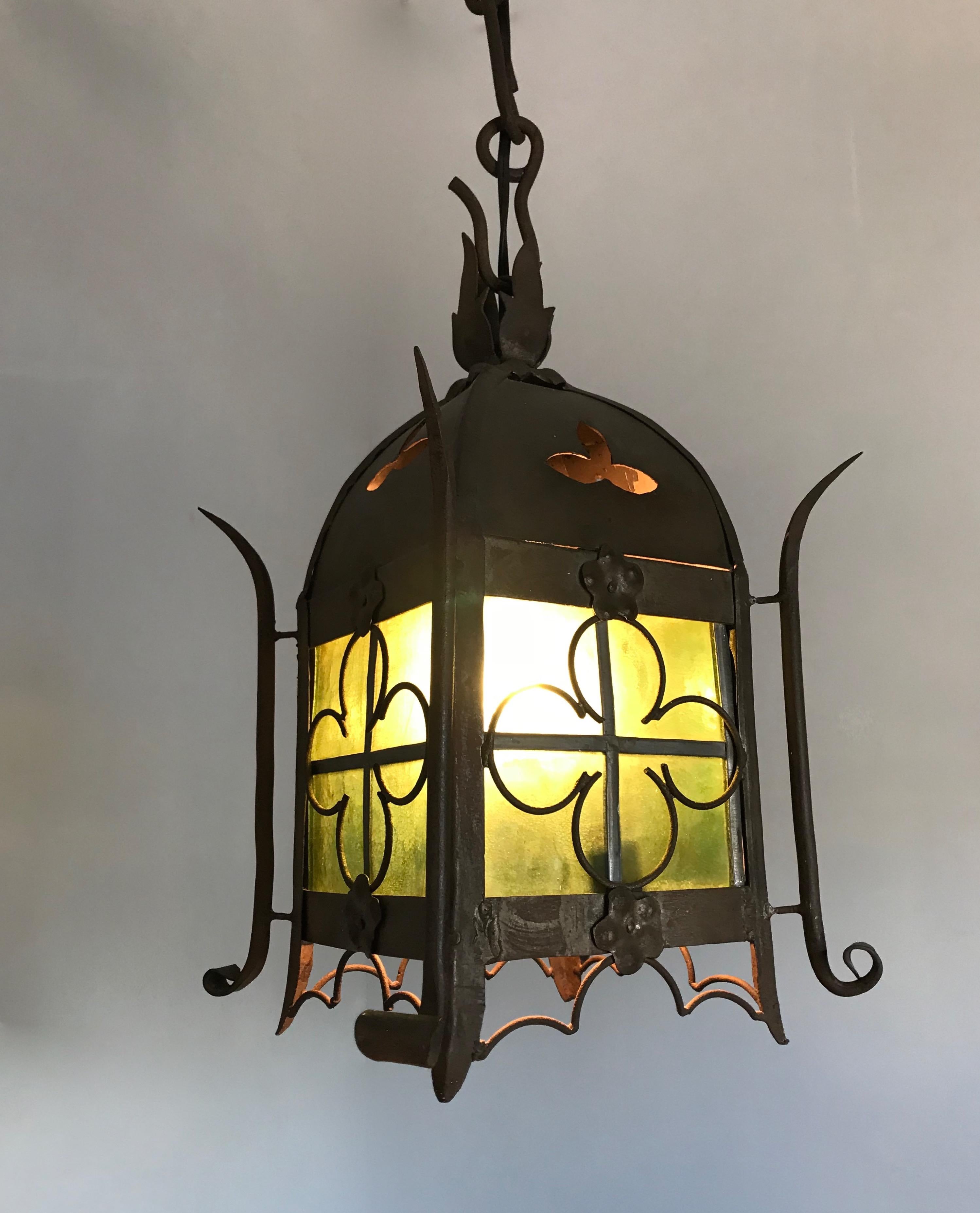 Arts and Crafts Early 1900s Gothic Revival Wrought Iron and Stained Glass Lantern / Fixture