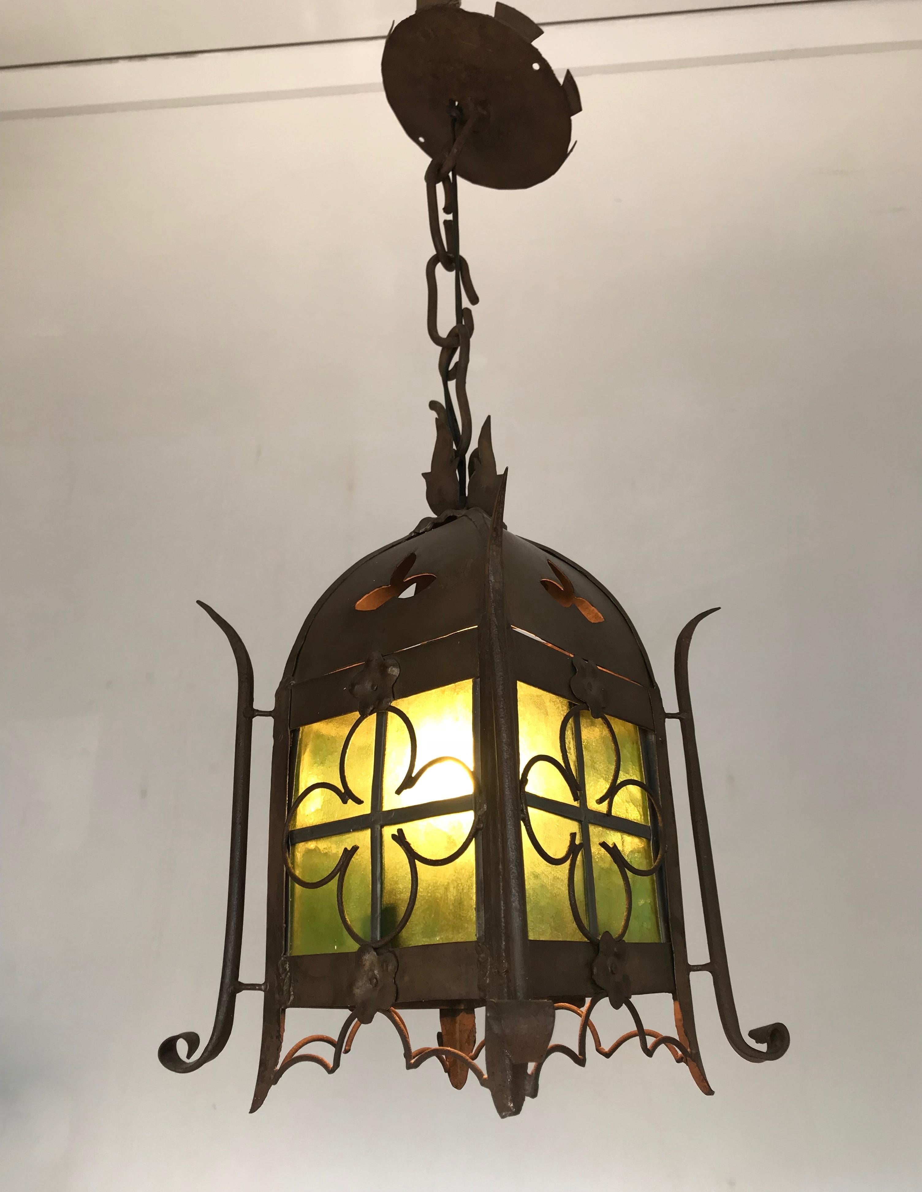 French Early 1900s Gothic Revival Wrought Iron and Stained Glass Lantern / Fixture