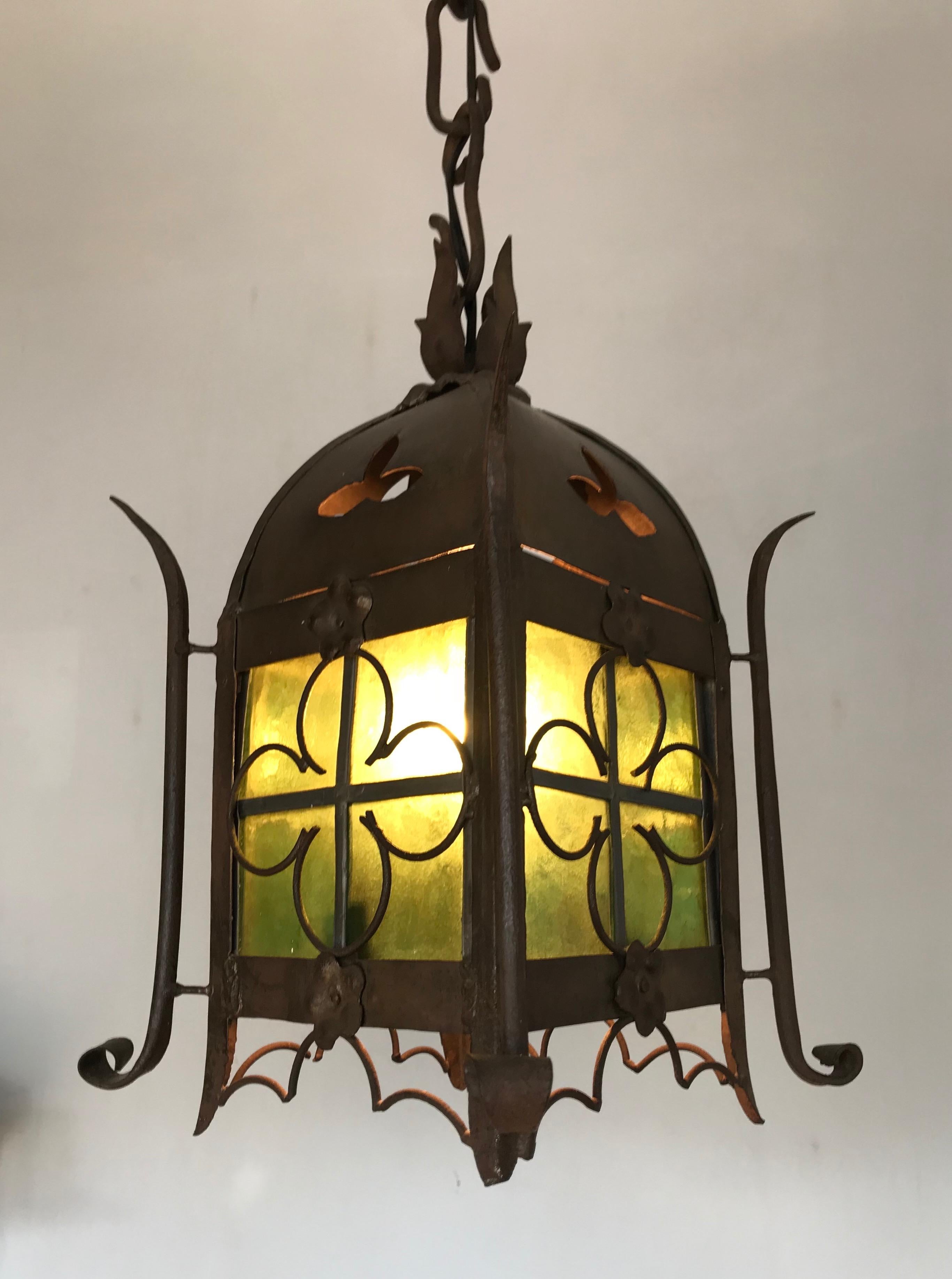 Hand-Crafted Early 1900s Gothic Revival Wrought Iron and Stained Glass Lantern / Fixture