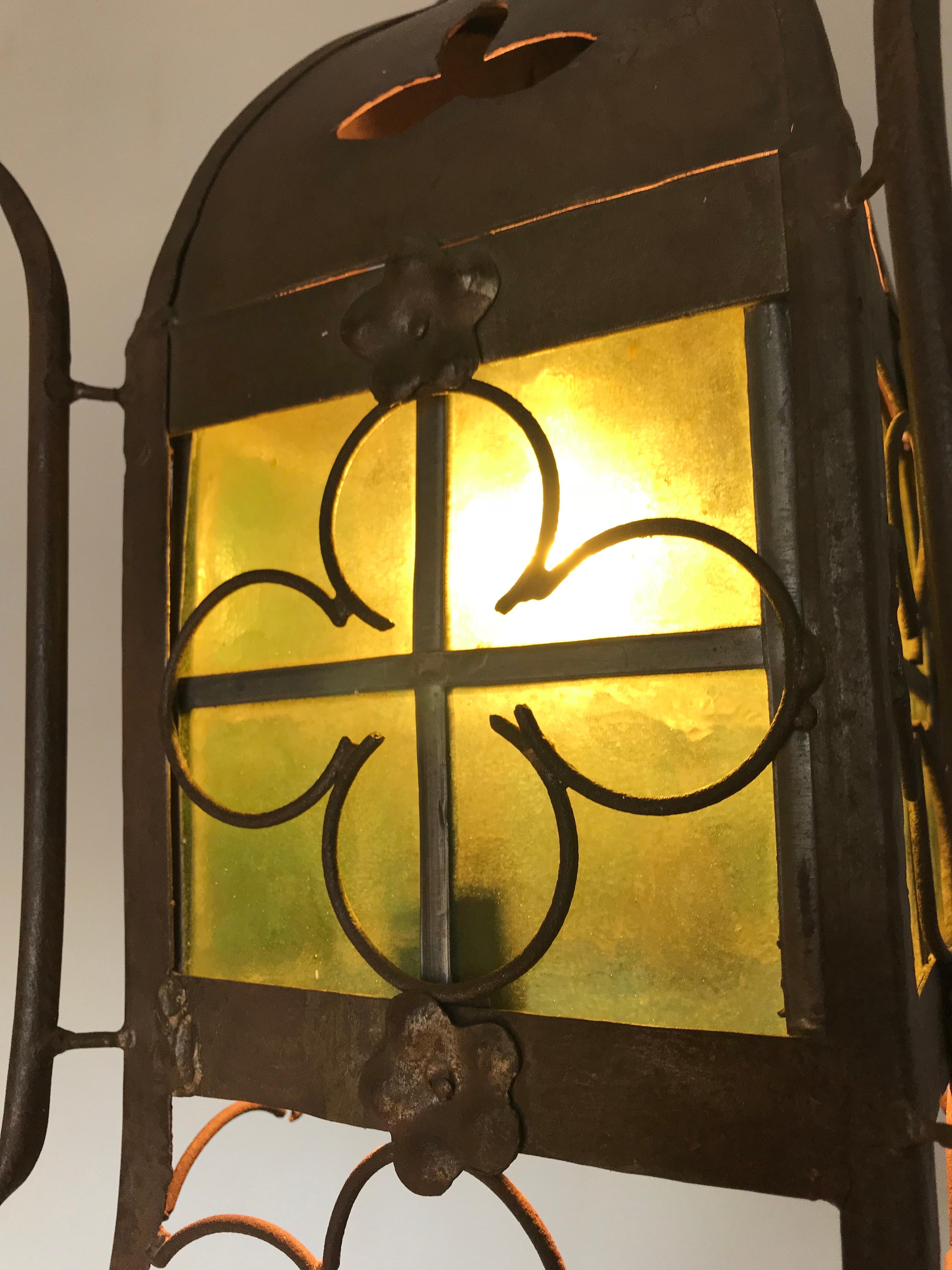 20th Century Early 1900s Gothic Revival Wrought Iron and Stained Glass Lantern / Fixture