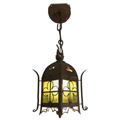 Early 1900s Gothic Revival Wrought Iron and Stained Glass Lantern / Fixture