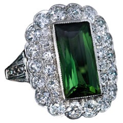 Early 1900s Green Tourmaline Diamond Platinum Ring
