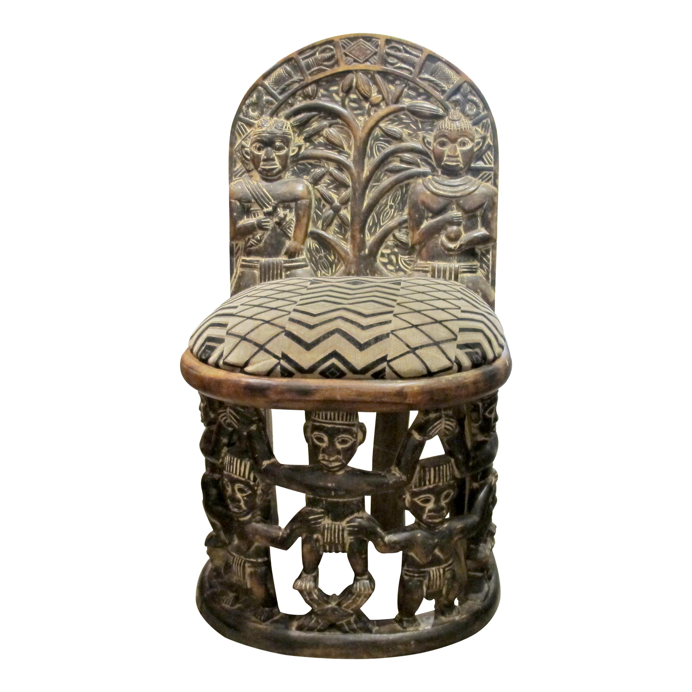 Cameroonian Early 1900s Hand-Carved African Tribal Chairs with Intricate Figurative Detailin For Sale