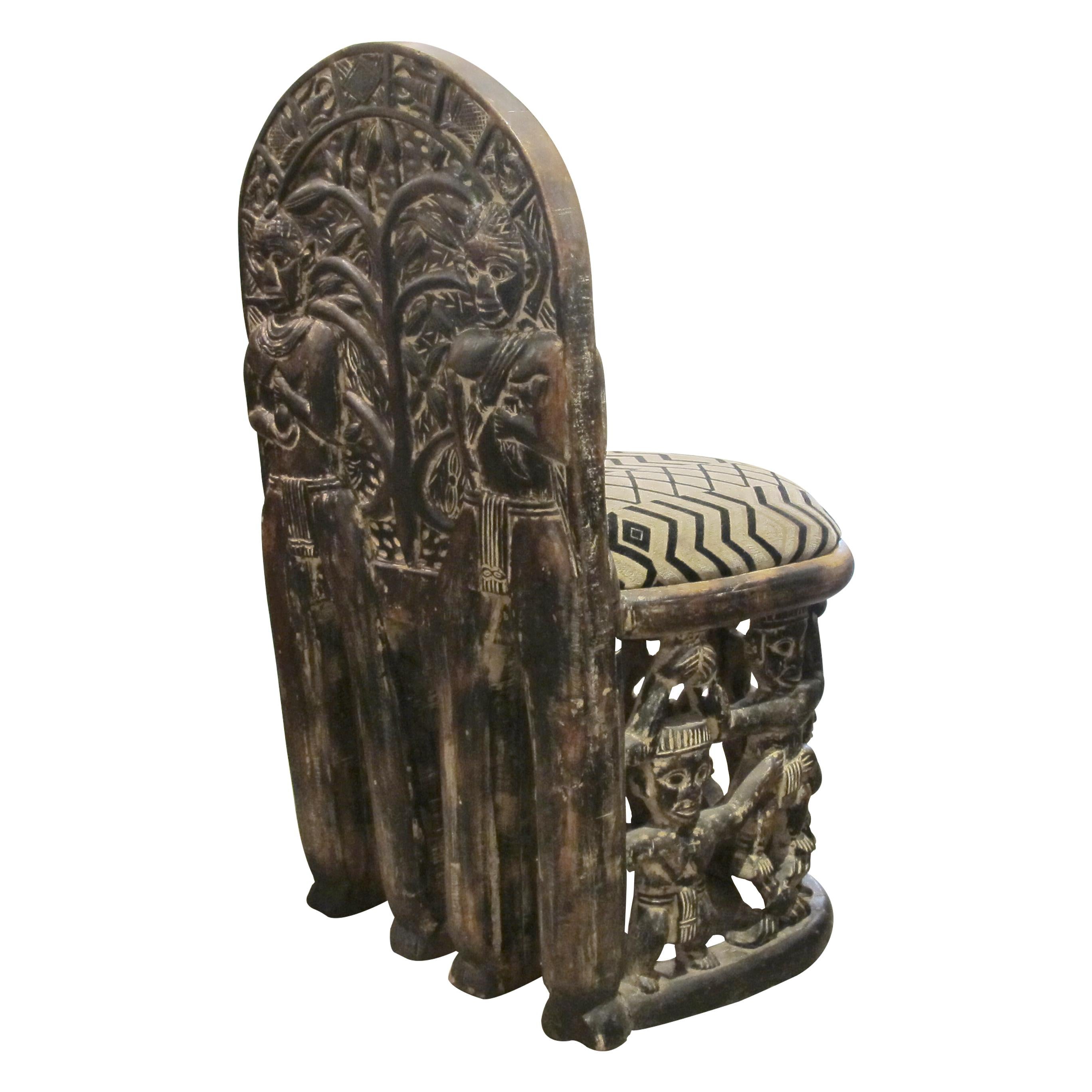 Fabric Early 1900s Hand-Carved African Tribal Chairs with Intricate Figurative Detailin For Sale