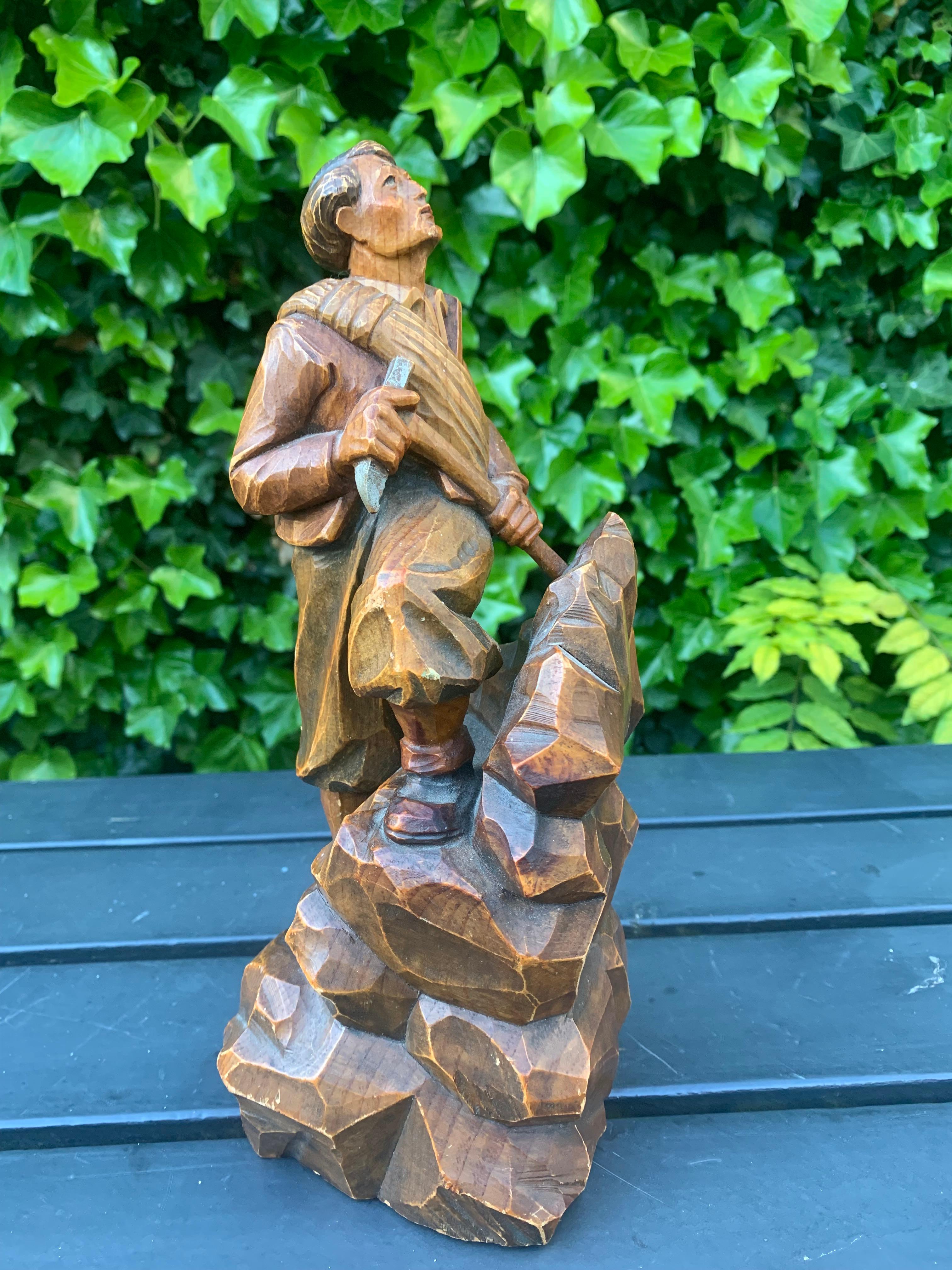 Early 1900s Hand Carved and Colored Wooden Mountaineer Sculpture / Statue For Sale 4