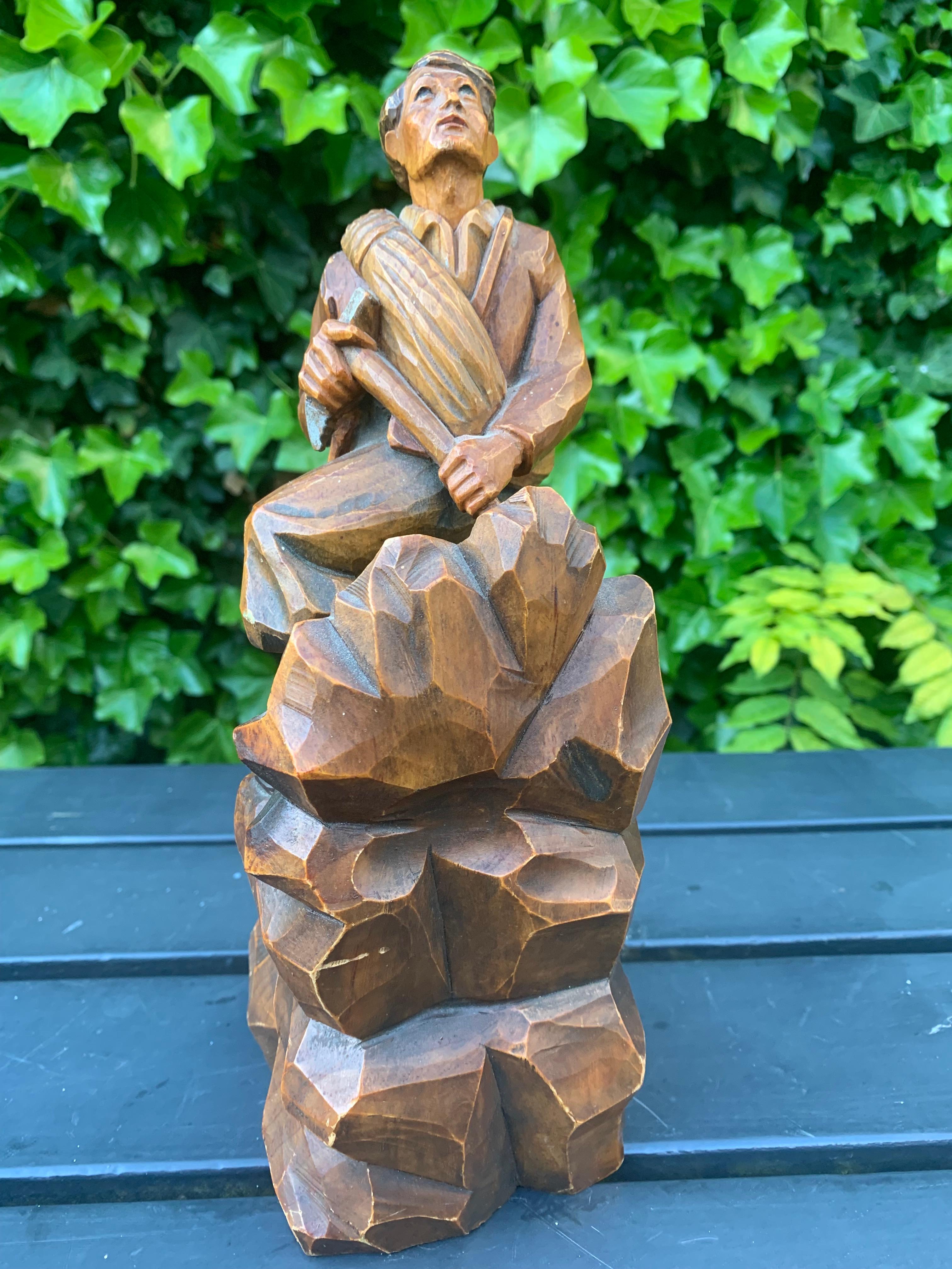 Early 1900s Hand Carved and Colored Wooden Mountaineer Sculpture / Statue For Sale 5