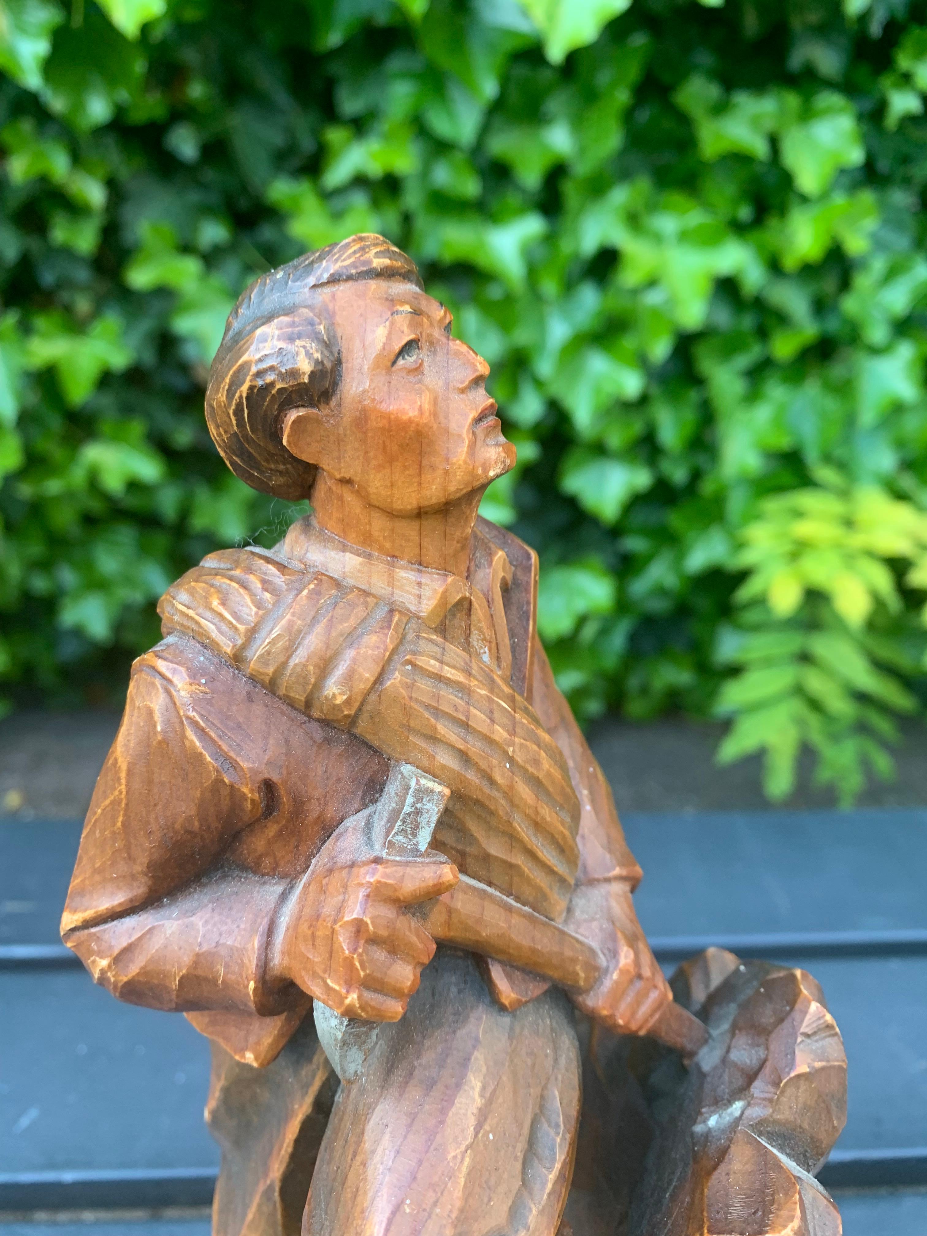 Black Forest Early 1900s Hand Carved and Colored Wooden Mountaineer Sculpture / Statue For Sale