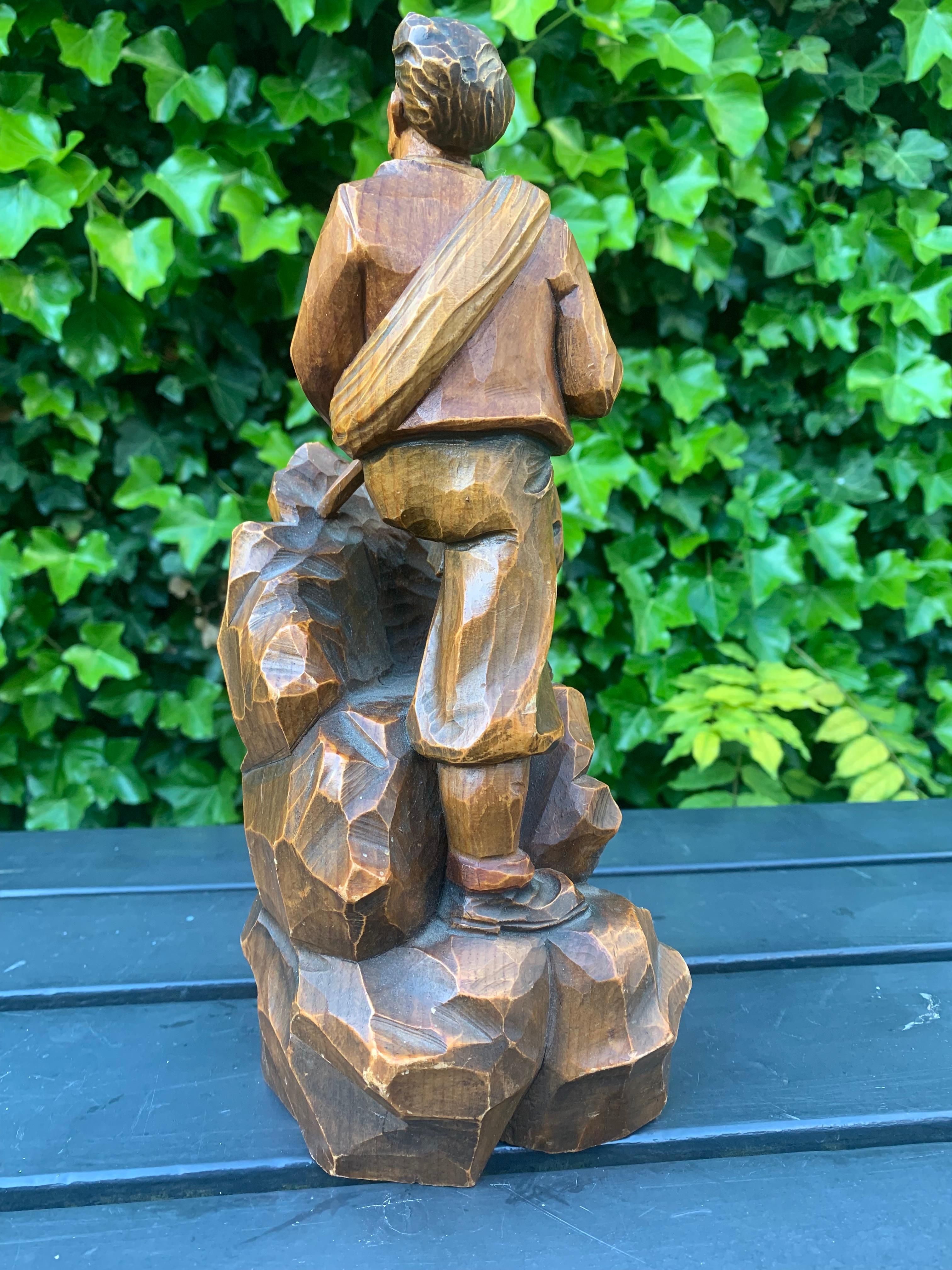 20th Century Early 1900s Hand Carved and Colored Wooden Mountaineer Sculpture / Statue For Sale