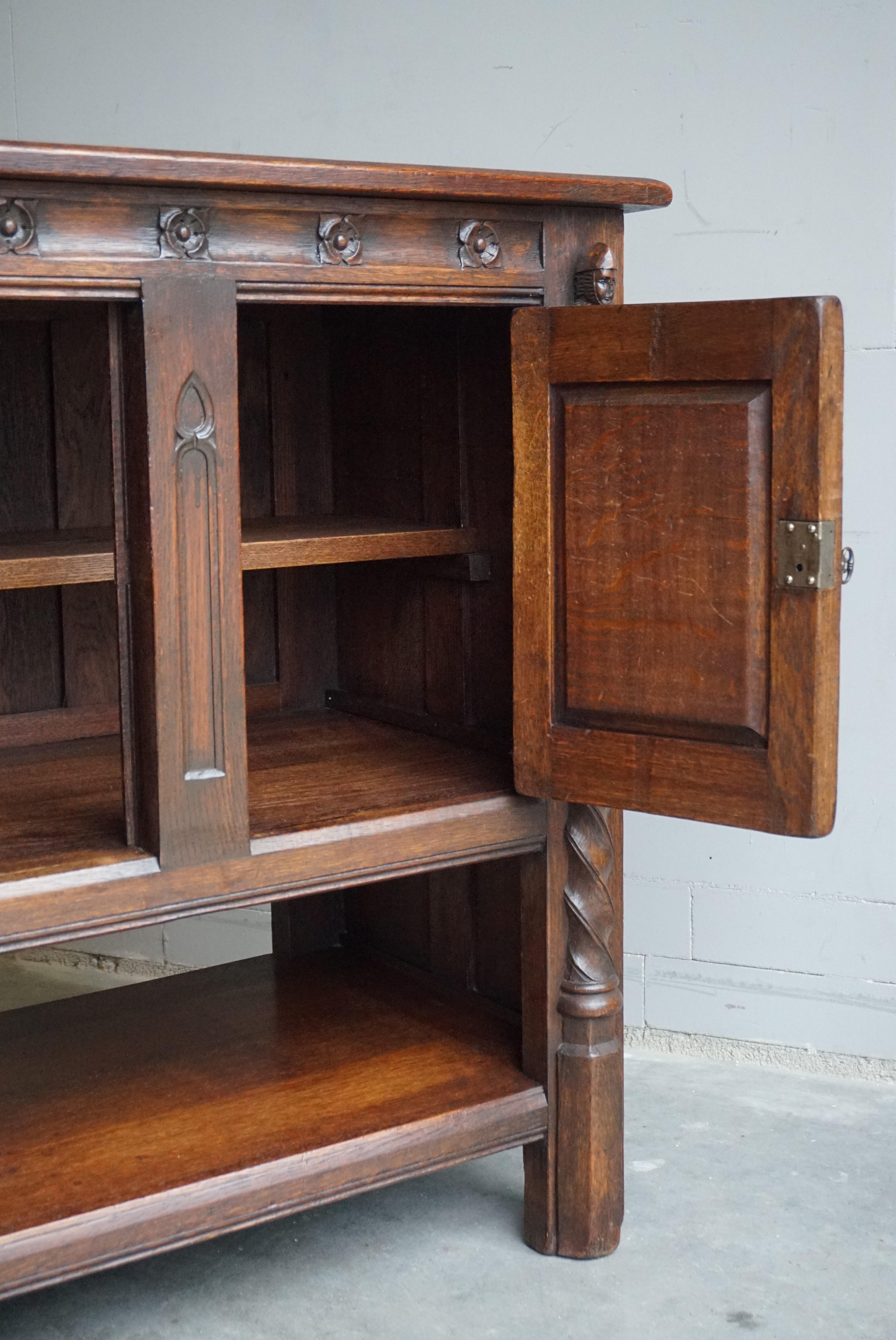 Early 1900s Hand Carved Gothic Revival Oak Drinks Cabinet / Dry Bar with Knights 2