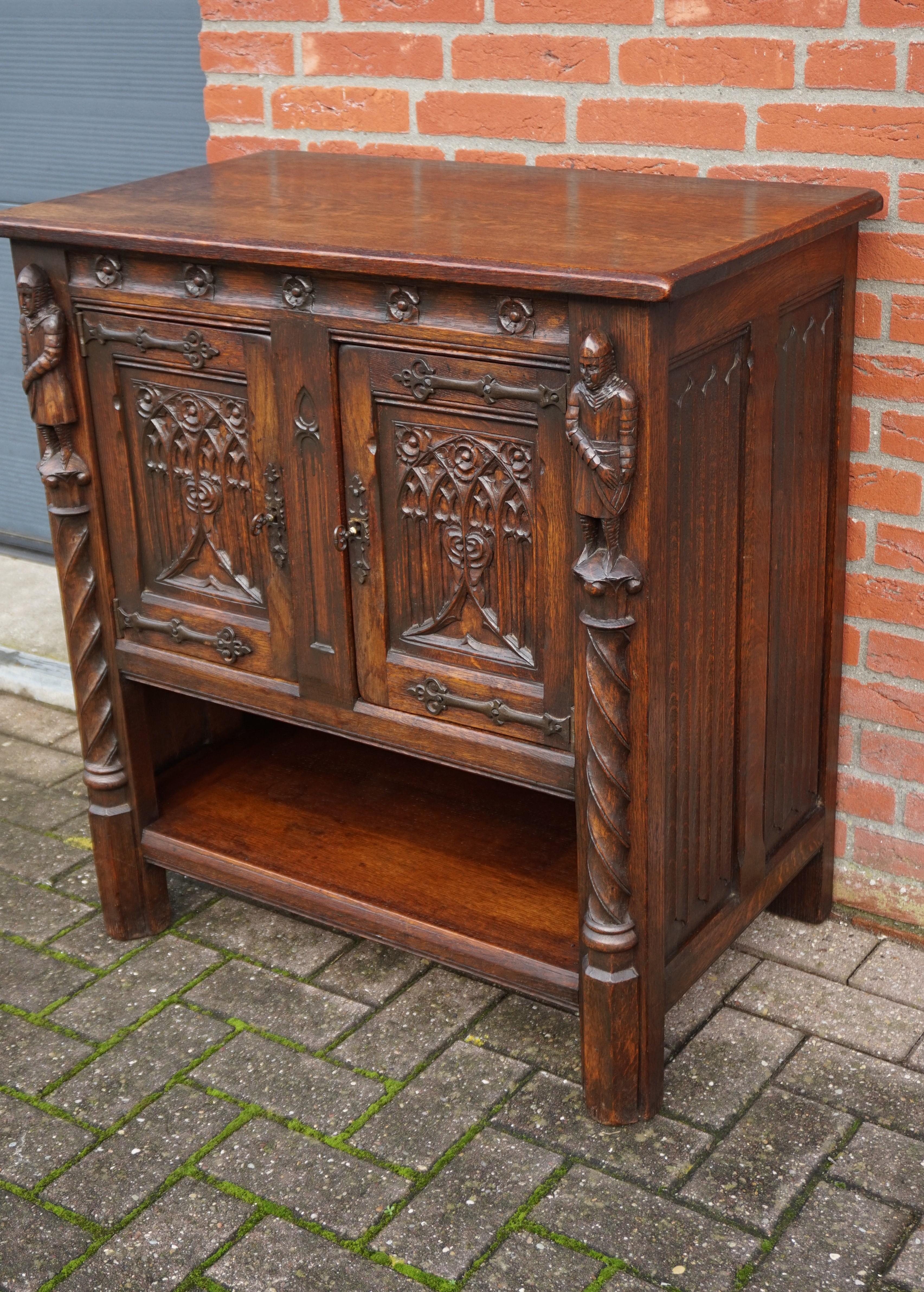 Early 1900s Hand Carved Gothic Revival Oak Drinks Cabinet / Dry Bar with Knights 7