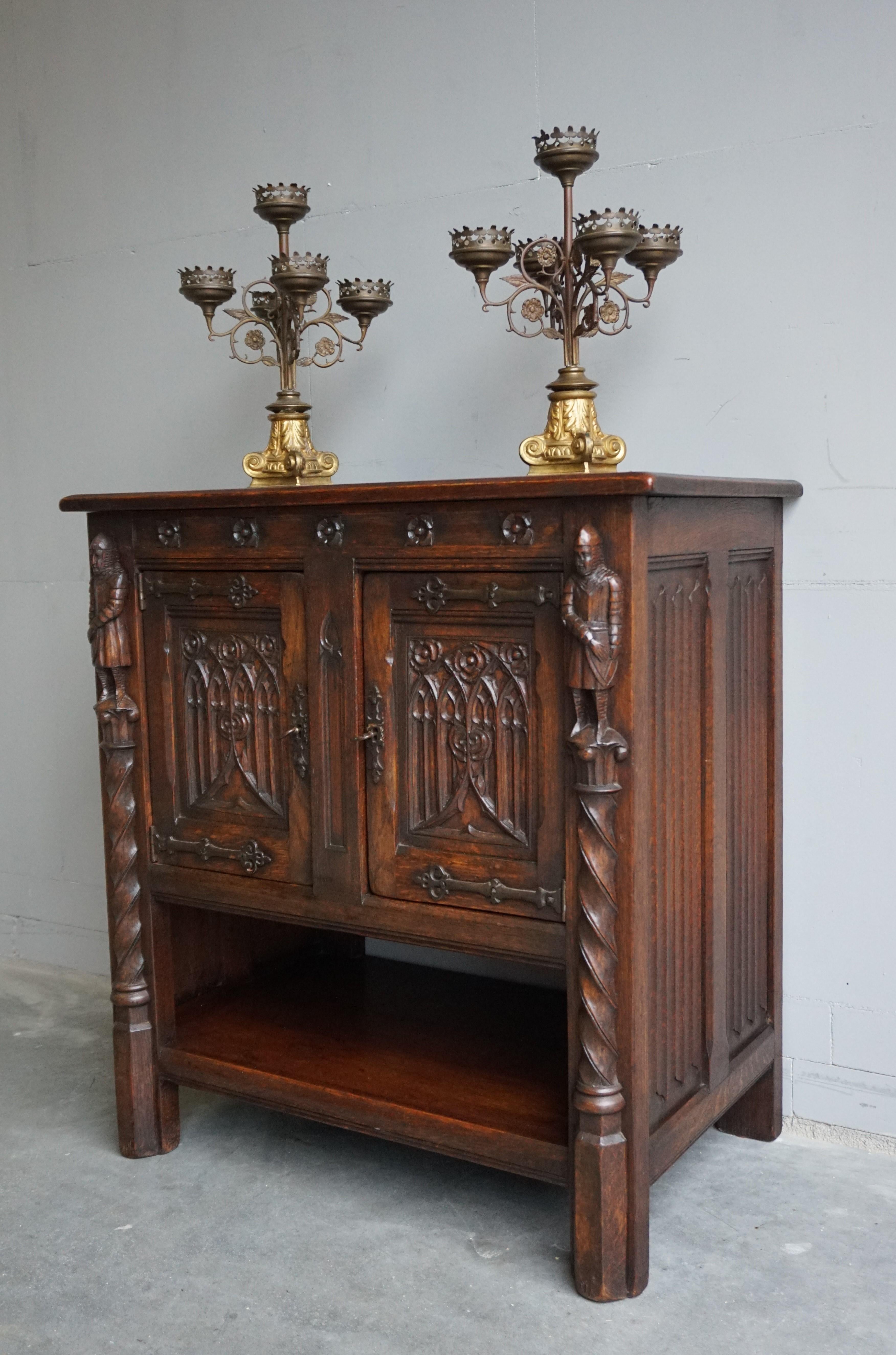 Early 1900s Hand Carved Gothic Revival Oak Drinks Cabinet / Dry Bar with Knights 12