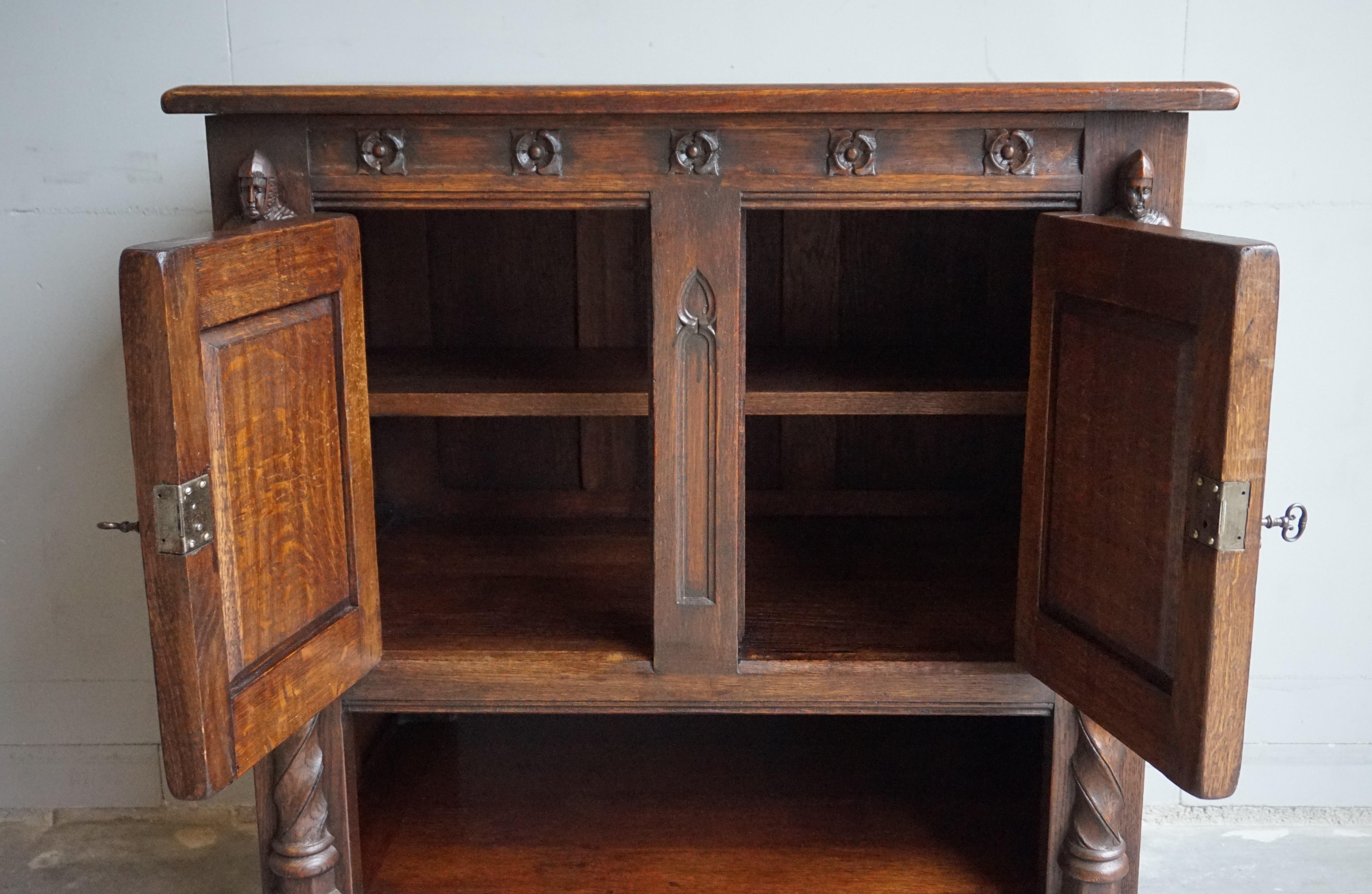 Iron Early 1900s Hand Carved Gothic Revival Oak Drinks Cabinet / Dry Bar with Knights
