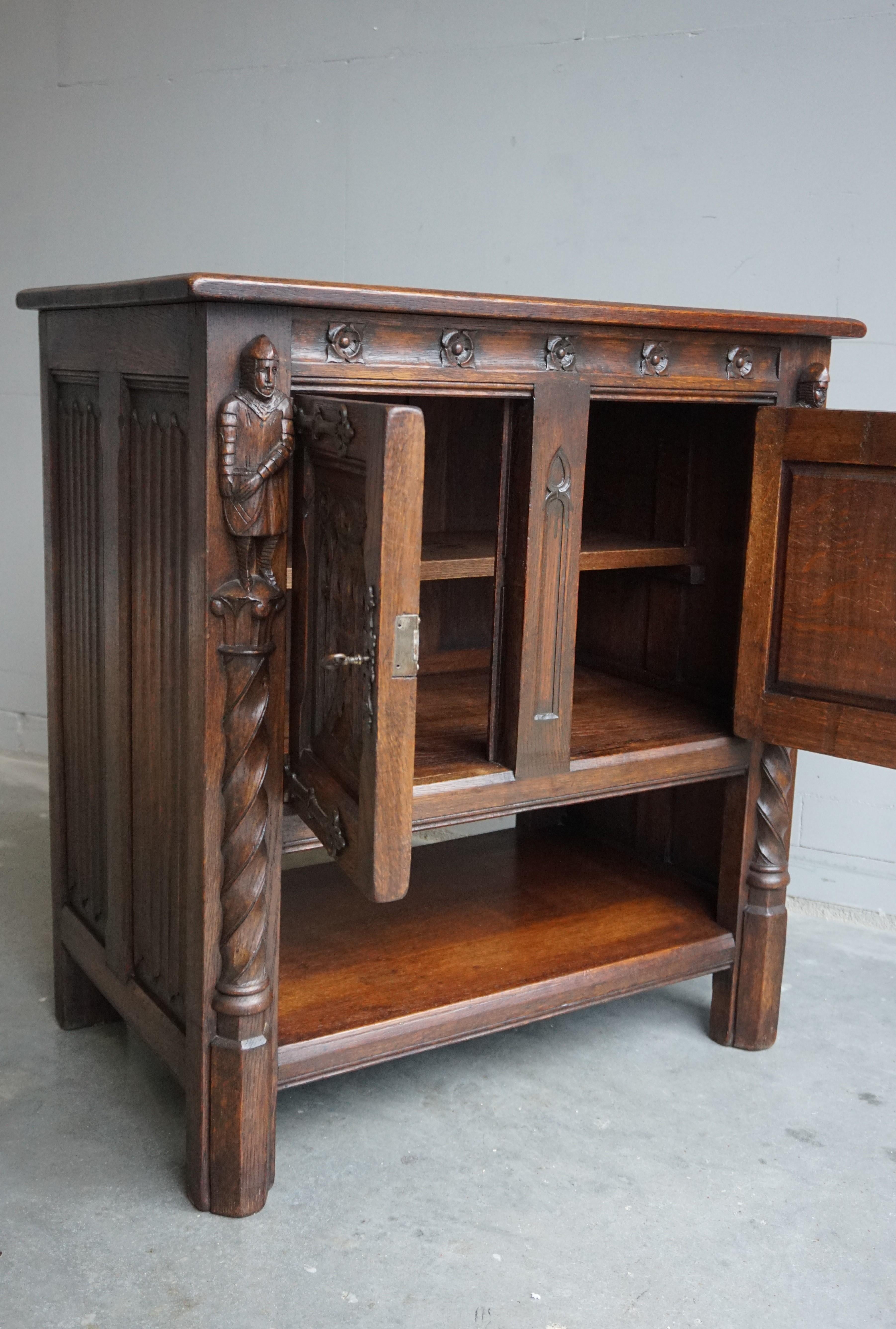 Early 1900s Hand Carved Gothic Revival Oak Drinks Cabinet / Dry Bar with Knights 1